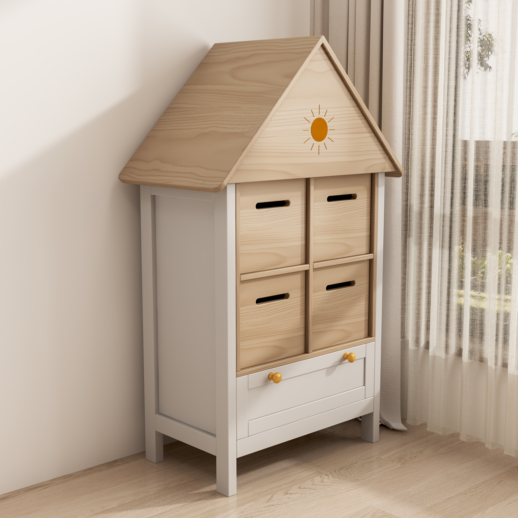 House-Shaped Kids Storage Cabinet | 4-Bin Toy Organizer with Drawer for Playroom