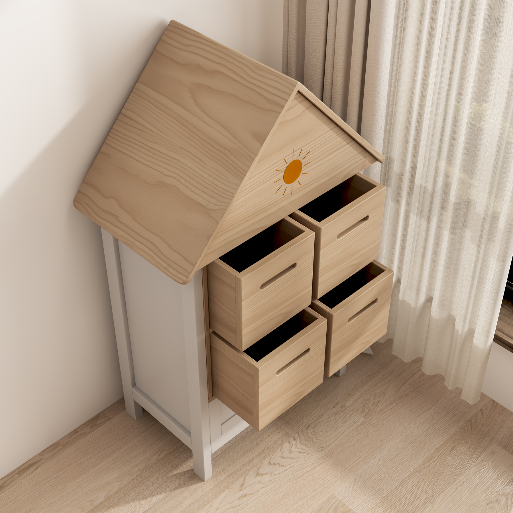 House-Shaped Kids Storage Cabinet | 4-Bin Toy Organizer with Drawer for Playroom