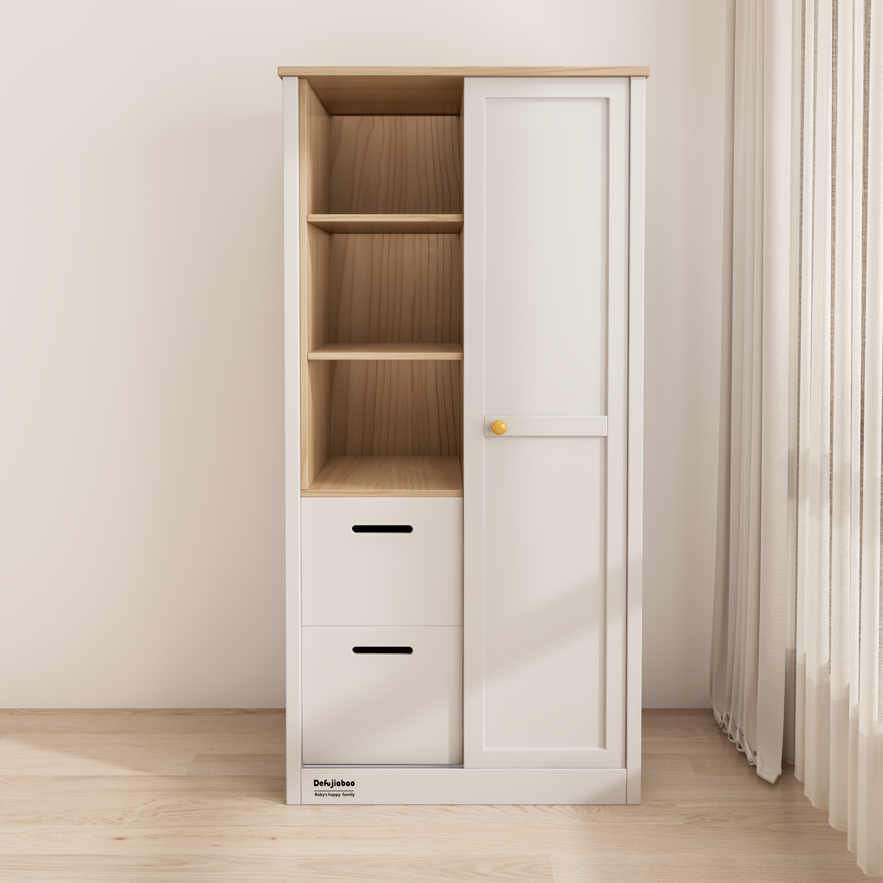 Two-Tone Kids Wardrobe | Open Shelf Closet with Drawers for Nursery Bedroom