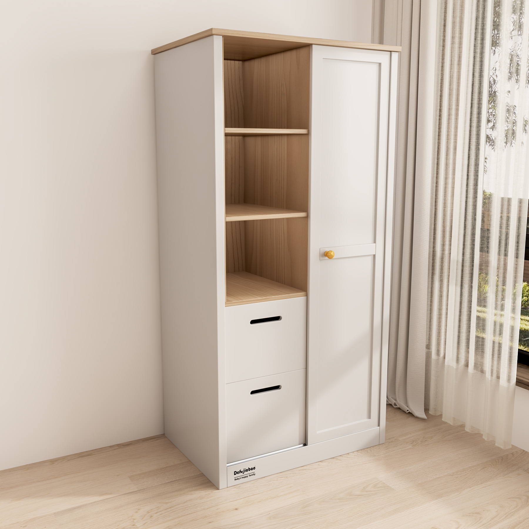 Two-Tone Kids Wardrobe | Open Shelf Closet with Drawers for Nursery Bedroom