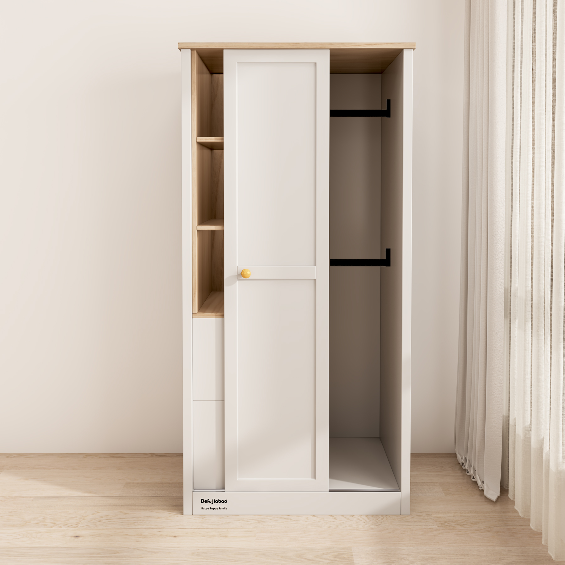 Two-Tone Kids Wardrobe | Open Shelf Closet with Drawers for Nursery Bedroom