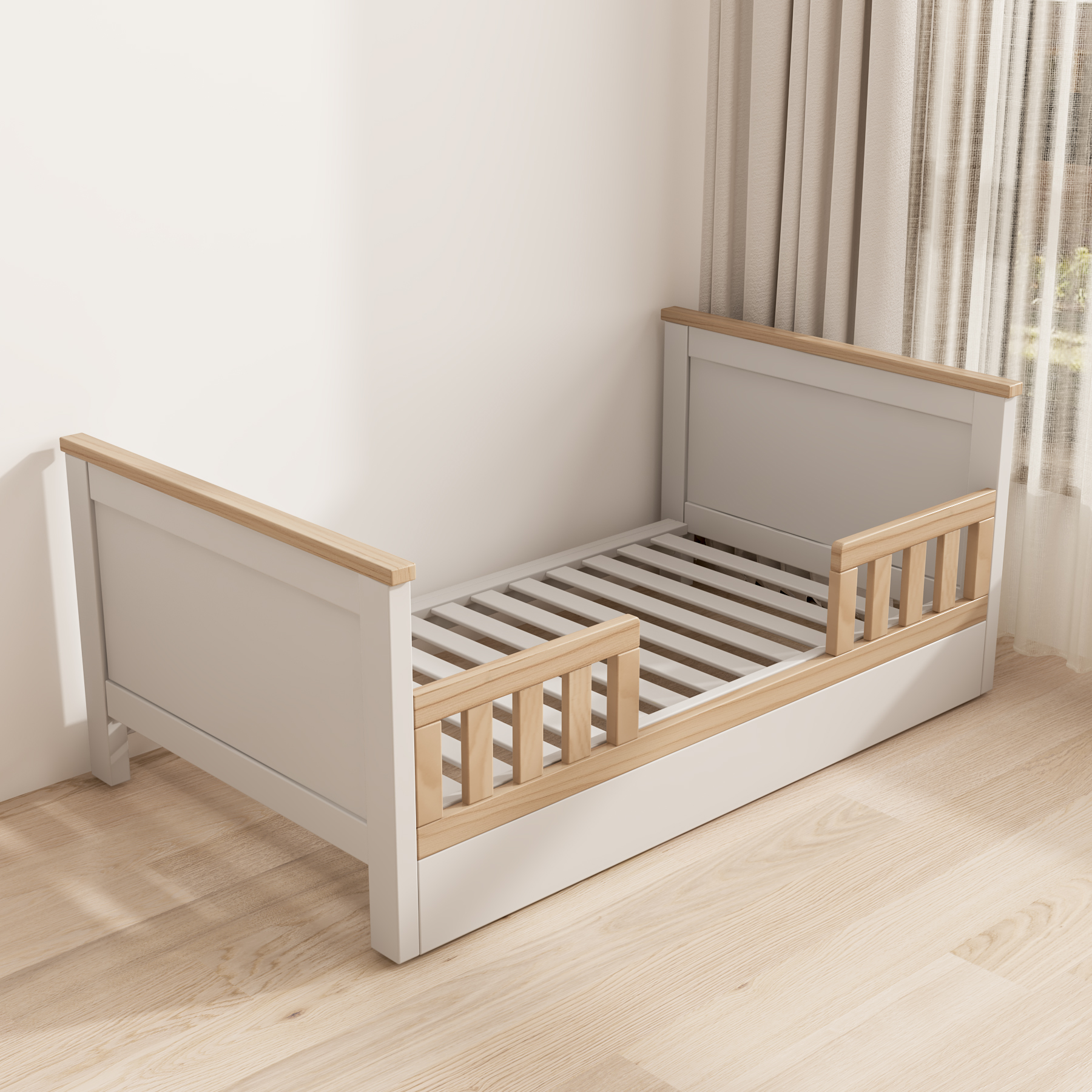 Two-Tone Toddler Bed with Guardrails | Convertible Kids Bed for Nursery Bedroom