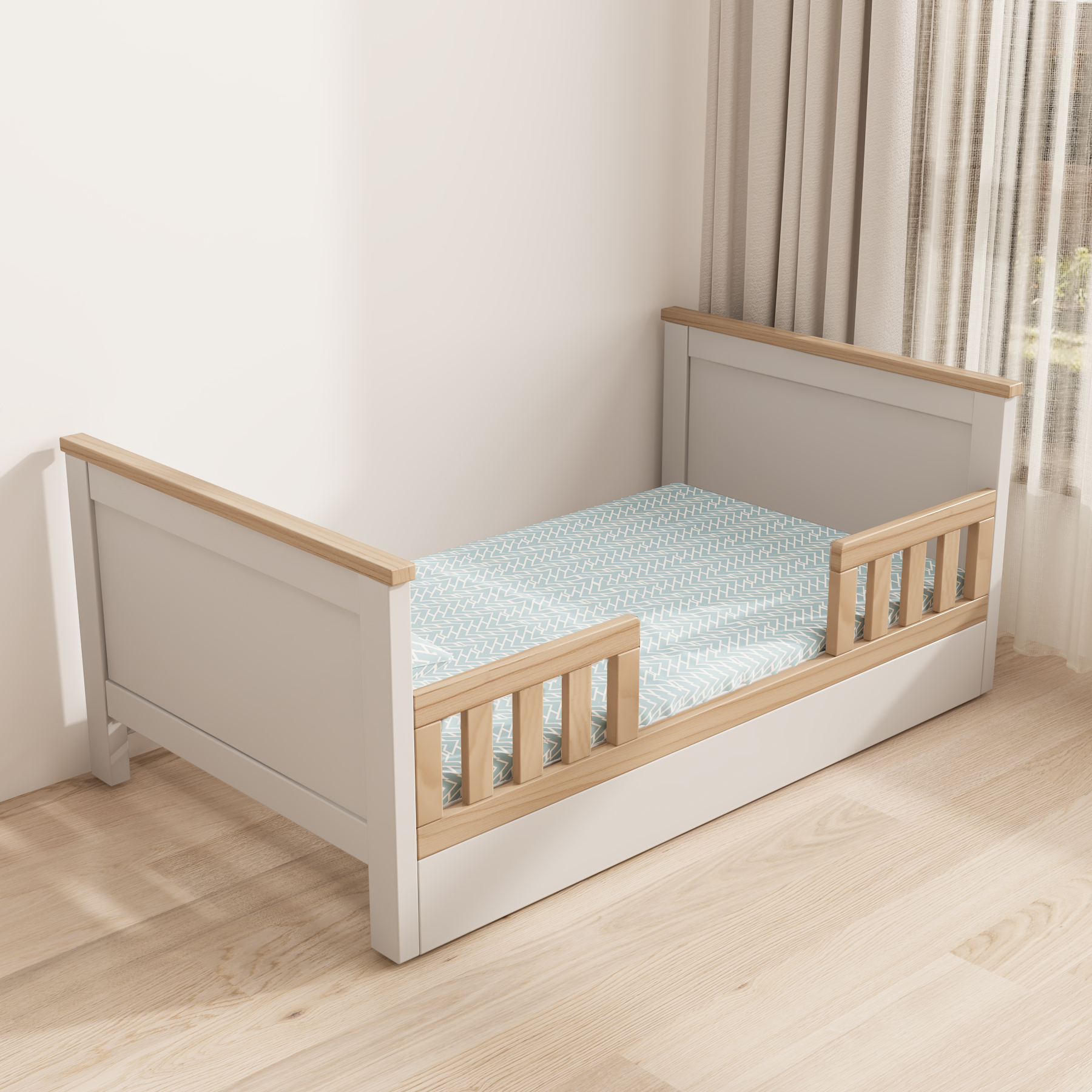 Two-Tone Toddler Bed with Guardrails | Convertible Kids Bed for Nursery Bedroom