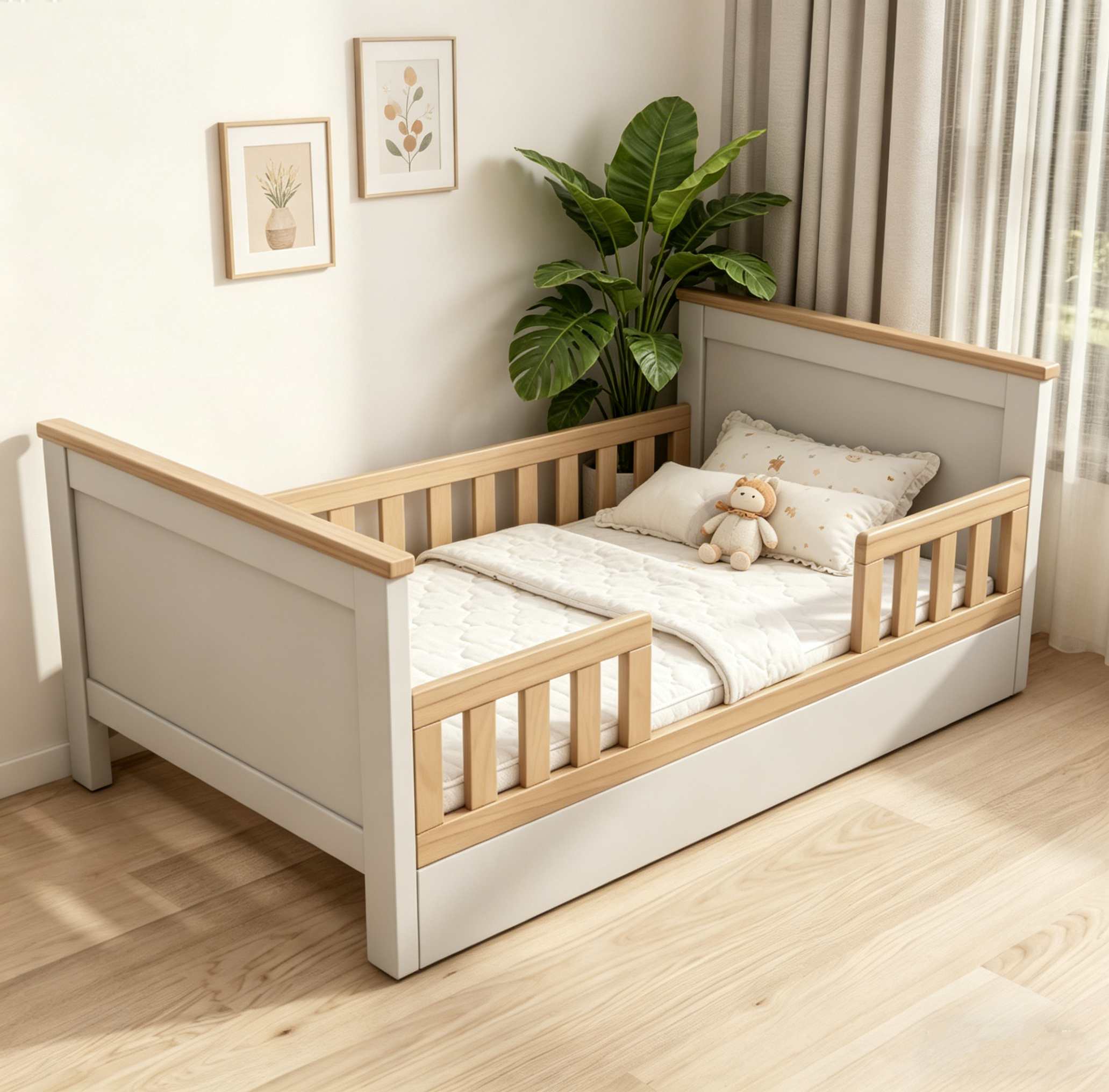 Two-Tone Toddler Bed with Guardrails | Convertible Kids Bed for Nursery Bedroom