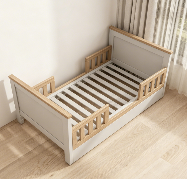 Two-Tone Toddler Bed with Guardrails | Convertible Kids Bed for Nursery Bedroom