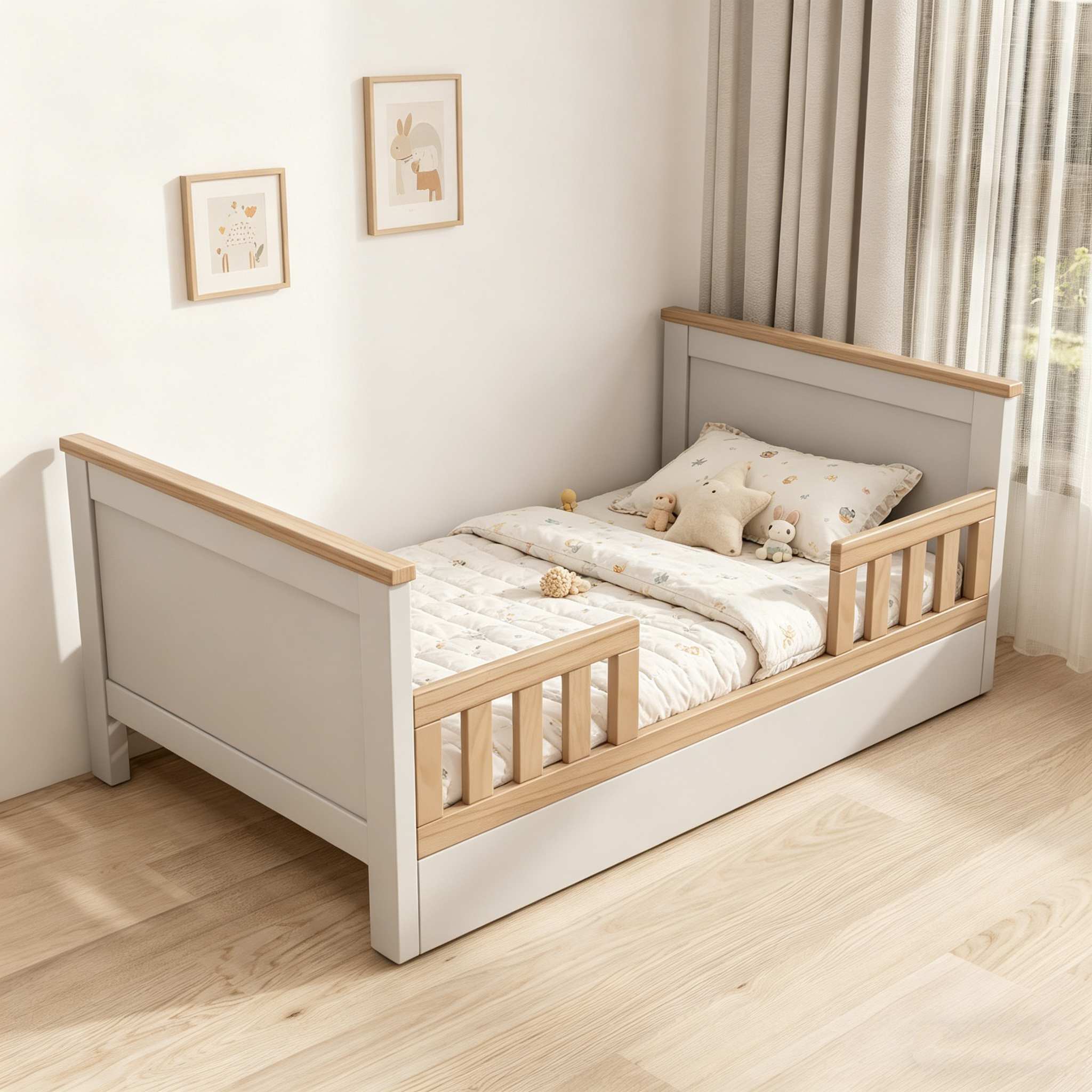 Two-Tone Toddler Bed with Guardrails | Convertible Kids Bed for Nursery Bedroom