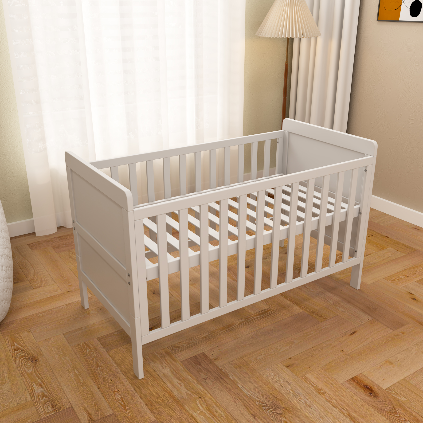 Classic White Convertible Baby Crib | Wooden Nursery Bed with Adjustable Height