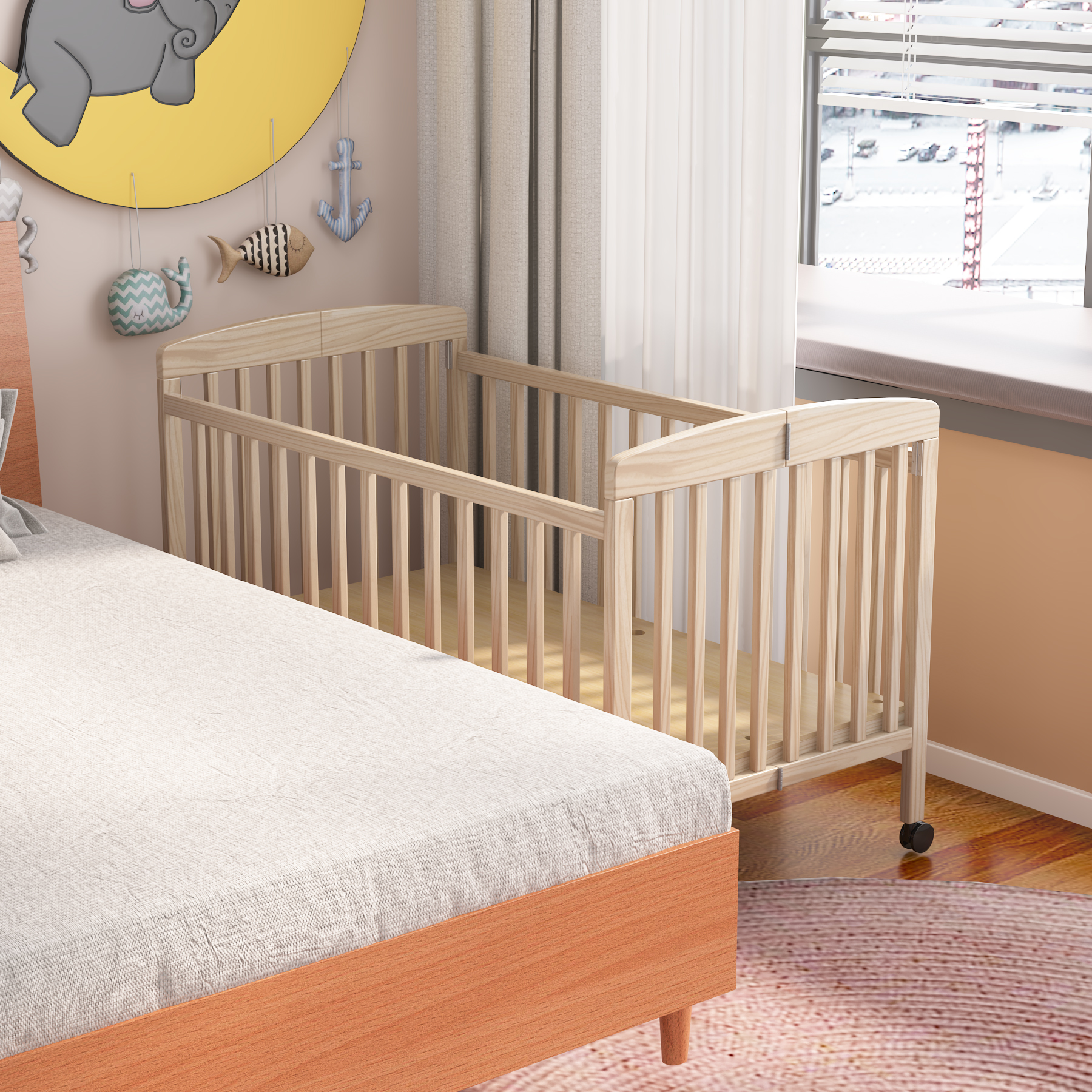 Natural Wood Convertible Baby Crib | Adjustable Bedside Sleeper with Wheels