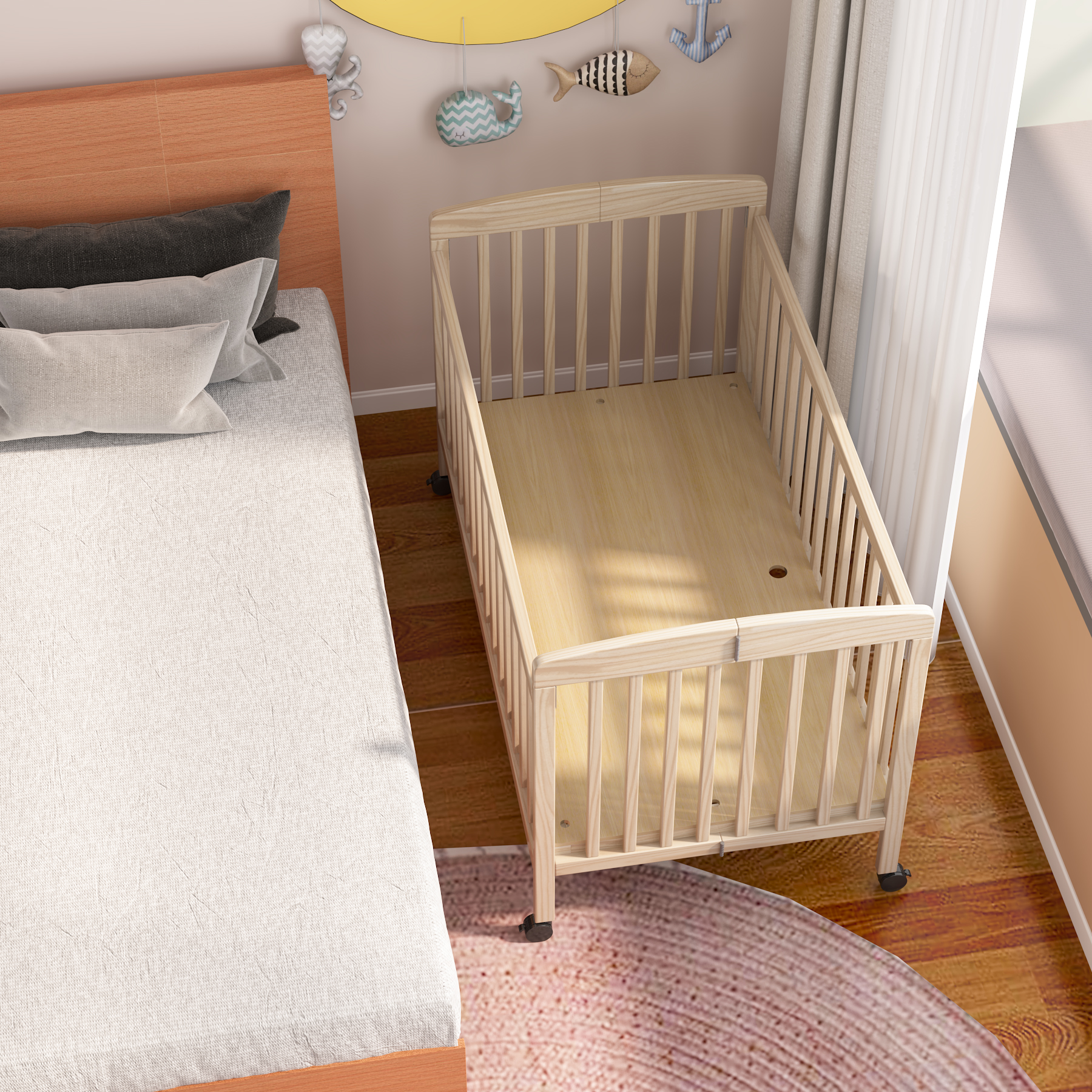 Natural Wood Convertible Baby Crib | Adjustable Bedside Sleeper with Wheels