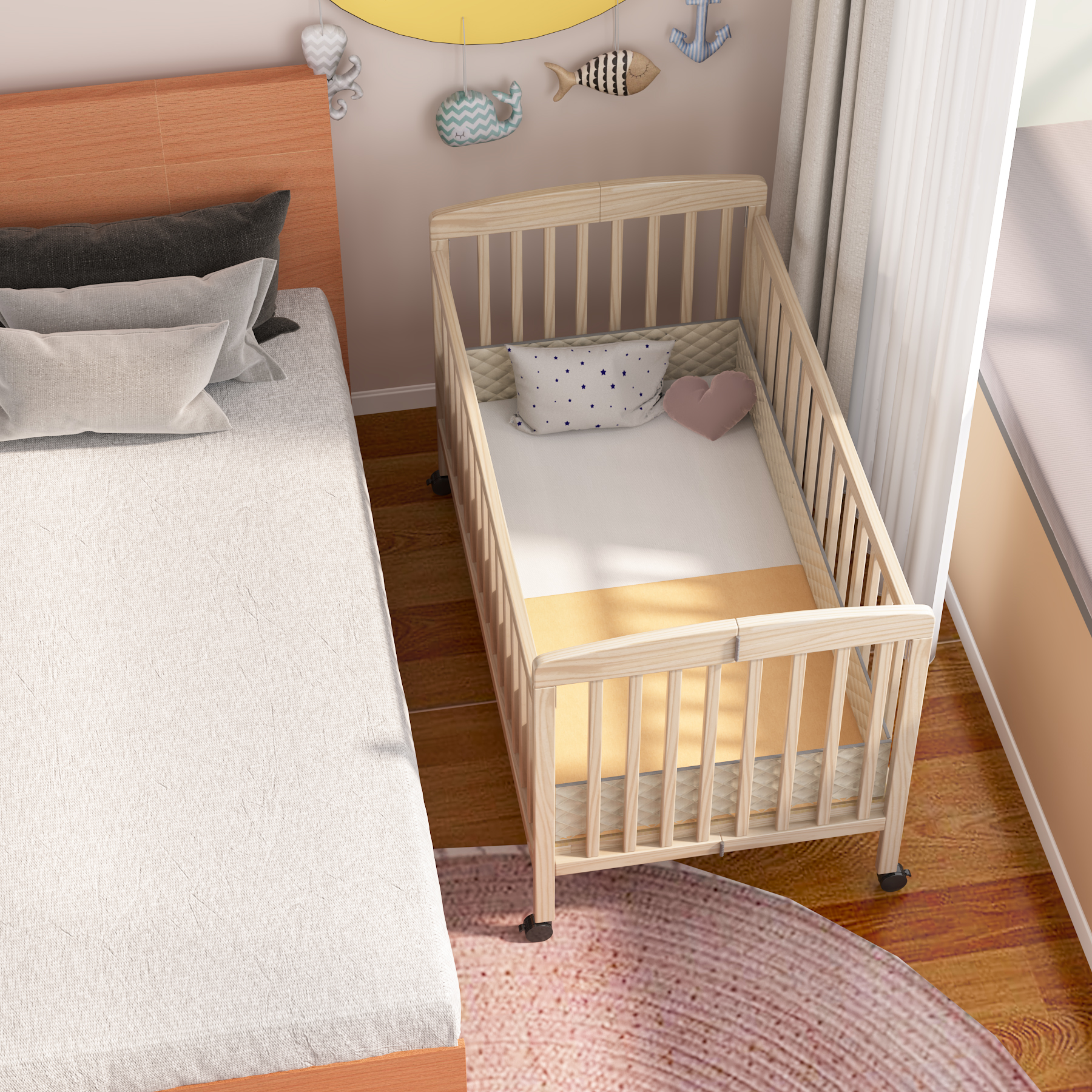 Natural Wood Convertible Baby Crib | Adjustable Bedside Sleeper with Wheels