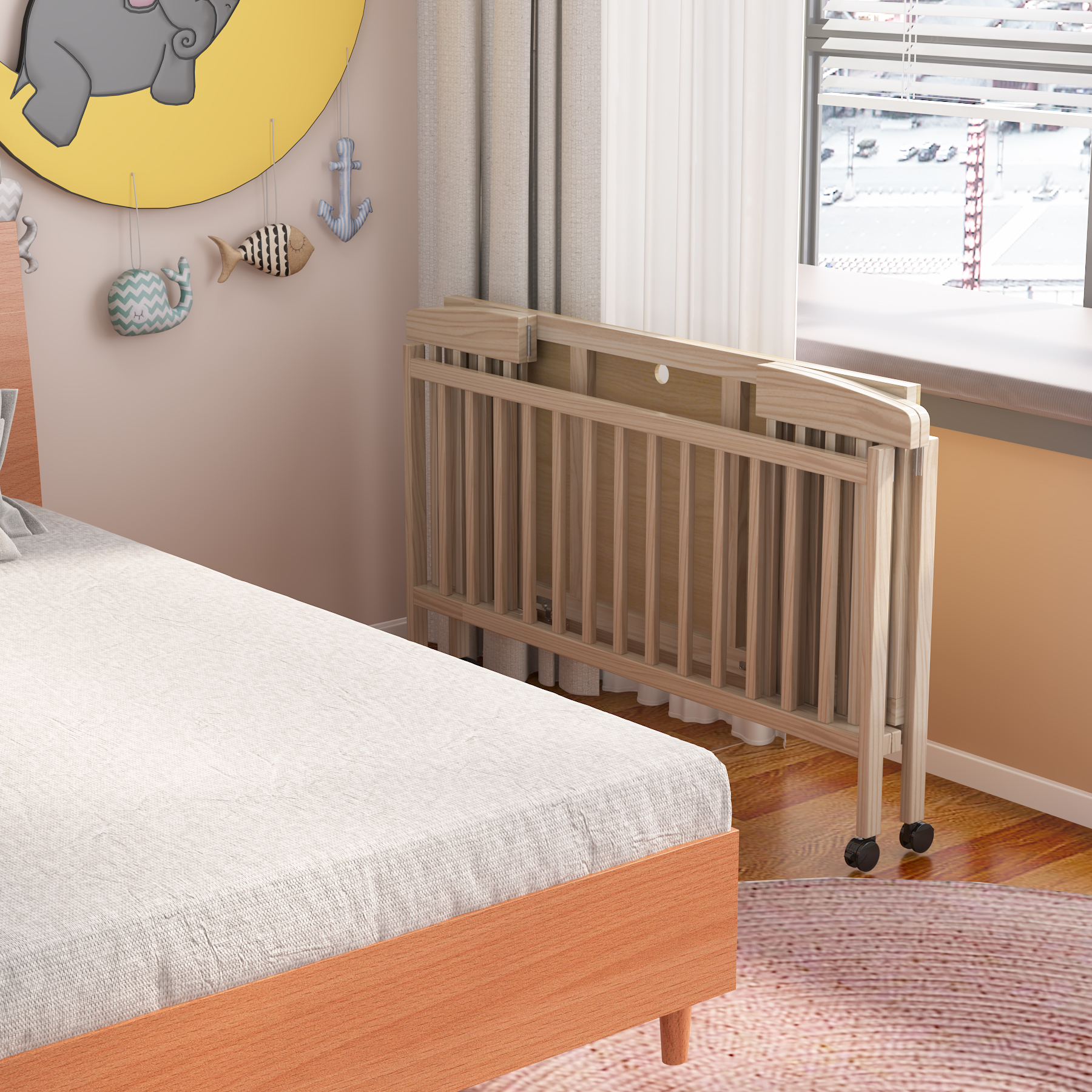 Natural Wood Convertible Baby Crib | Adjustable Bedside Sleeper with Wheels
