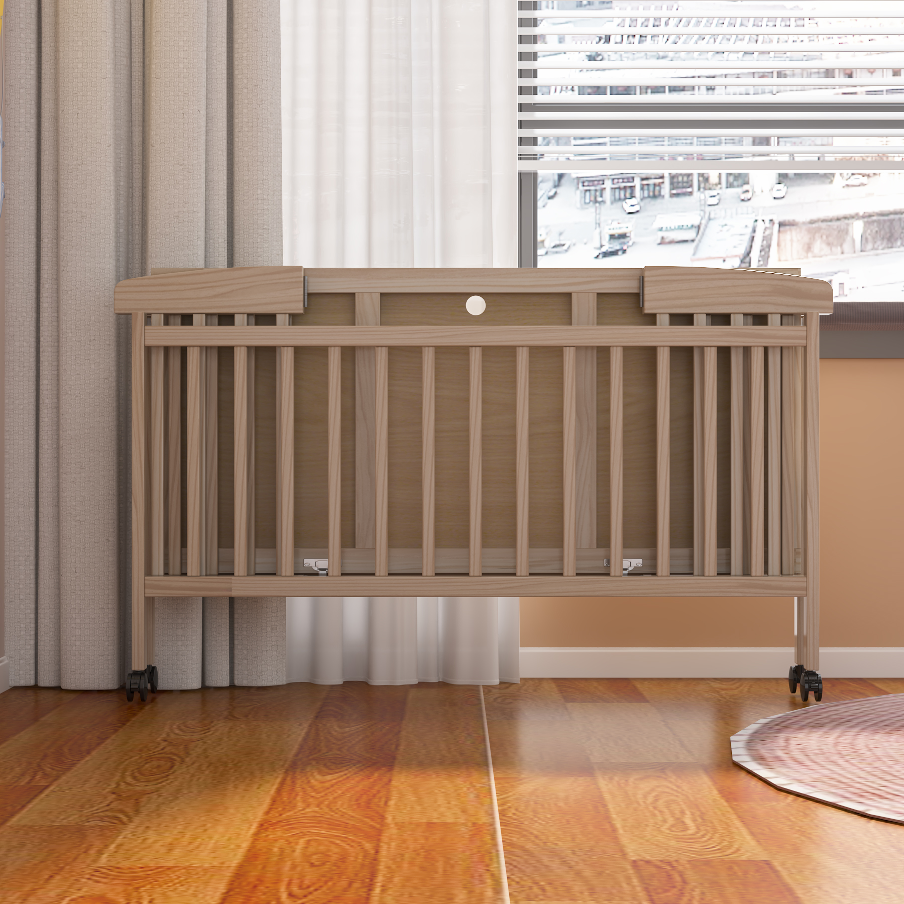 Natural Wood Convertible Baby Crib | Adjustable Bedside Sleeper with Wheels