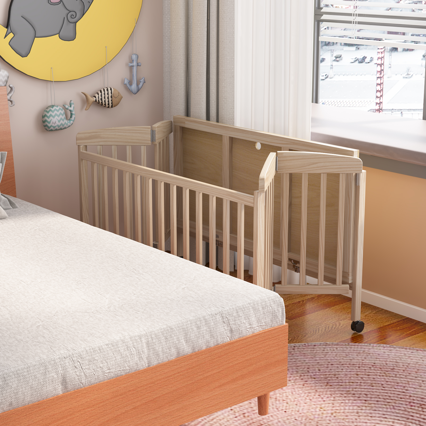 Natural Wood Convertible Baby Crib | Adjustable Bedside Sleeper with Wheels