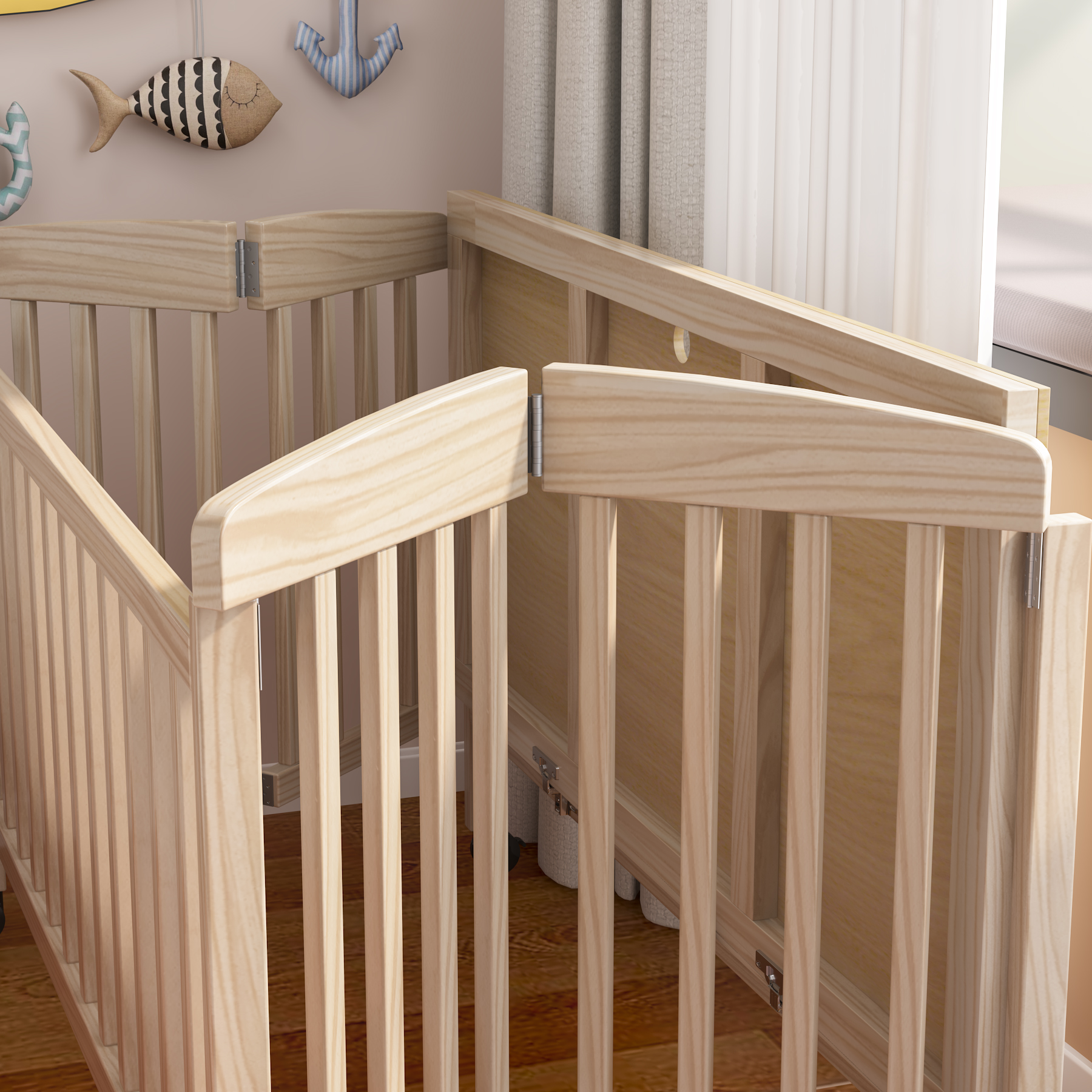 Natural Wood Convertible Baby Crib | Adjustable Bedside Sleeper with Wheels