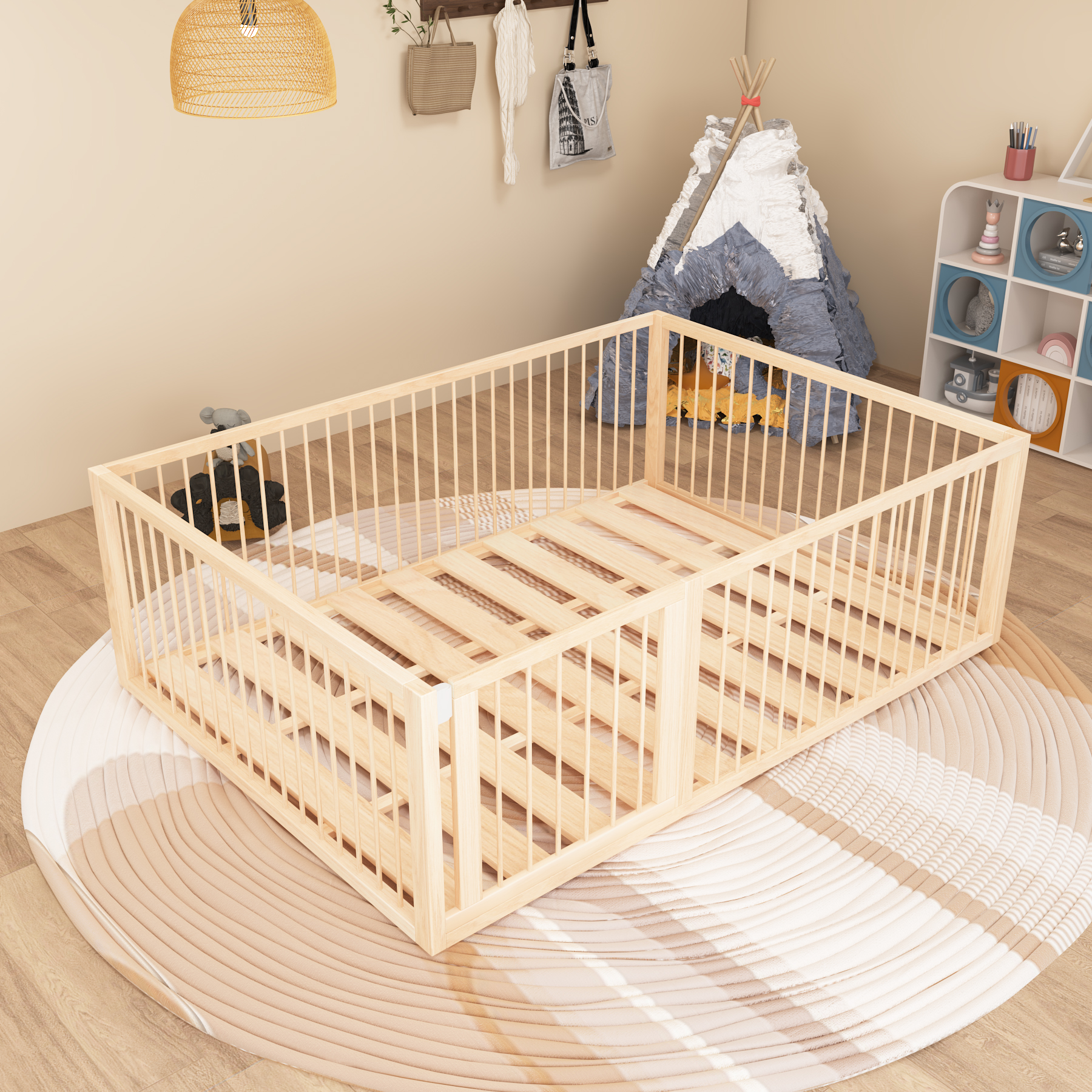 Natural Wood Floor Bed | Convertible Montessori Toddler Bed with Safety Rails