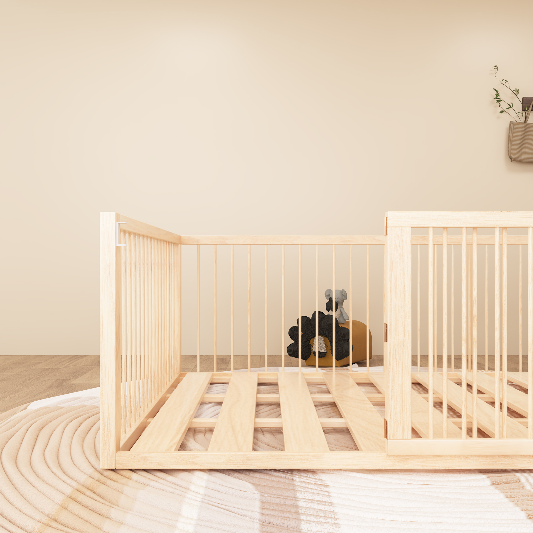 Natural Wood Floor Bed | Convertible Montessori Toddler Bed with Safety Rails