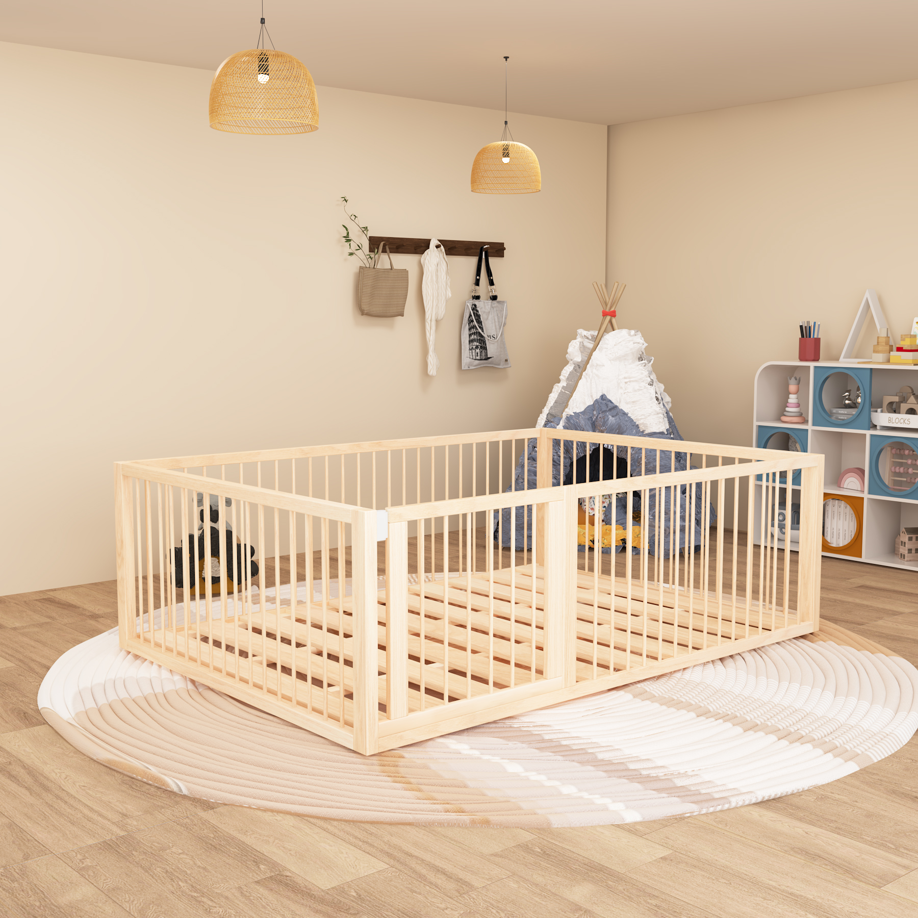 Natural Wood Floor Bed | Convertible Montessori Toddler Bed with Safety Rails