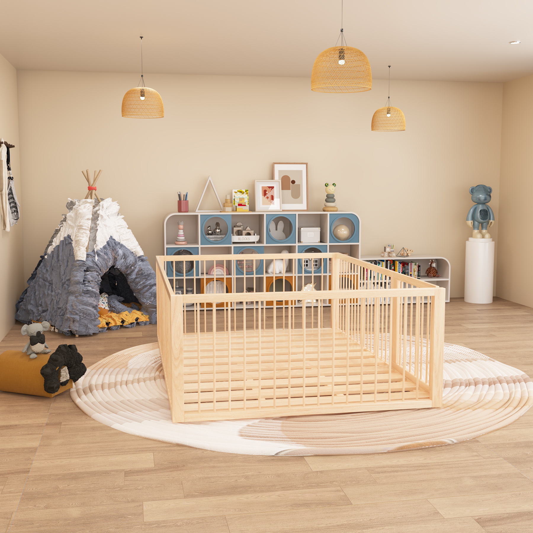 Natural Wood Floor Bed | Convertible Montessori Toddler Bed with Safety Rails