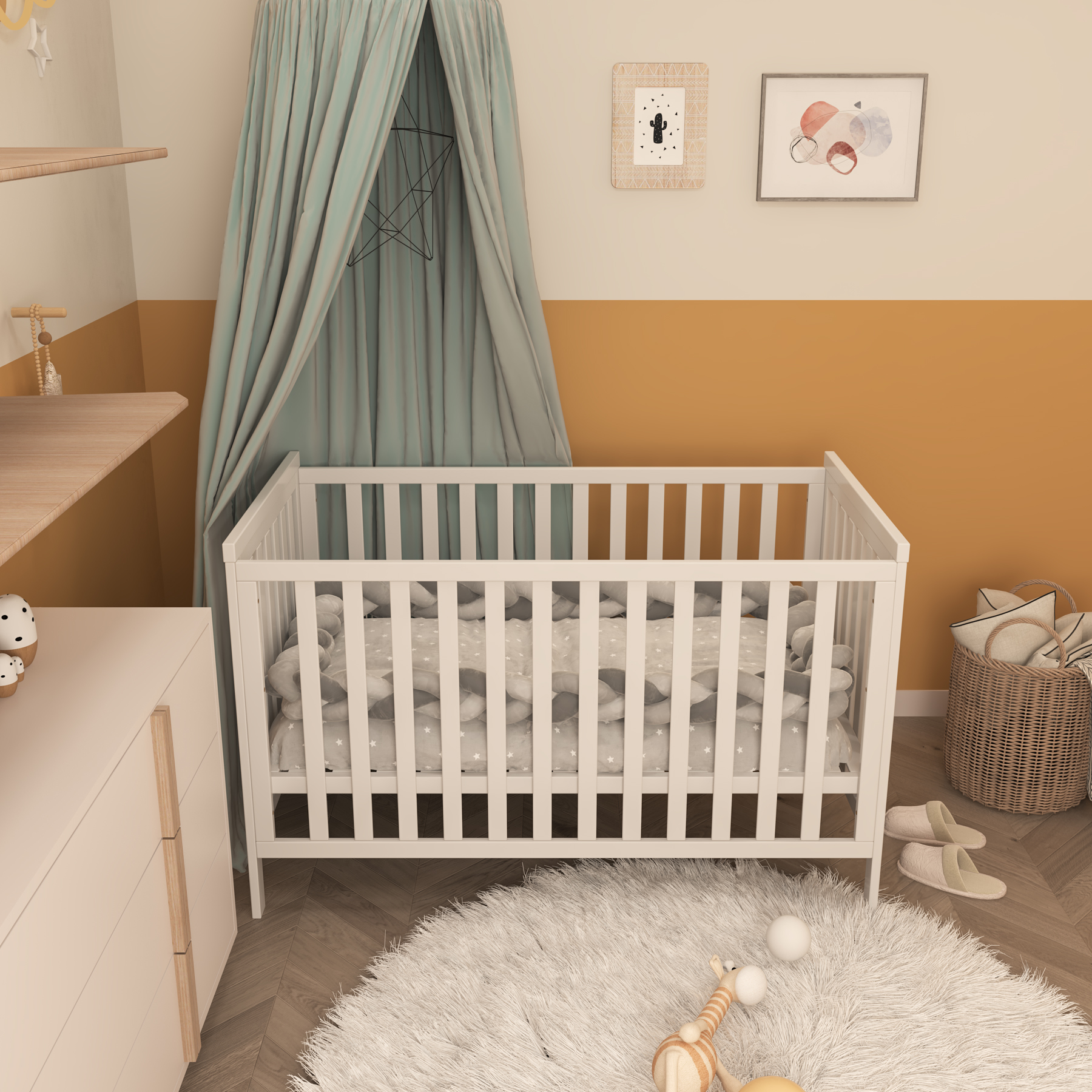 Classic White Convertible Baby Crib | Adjustable Height Wooden Nursery Bed
