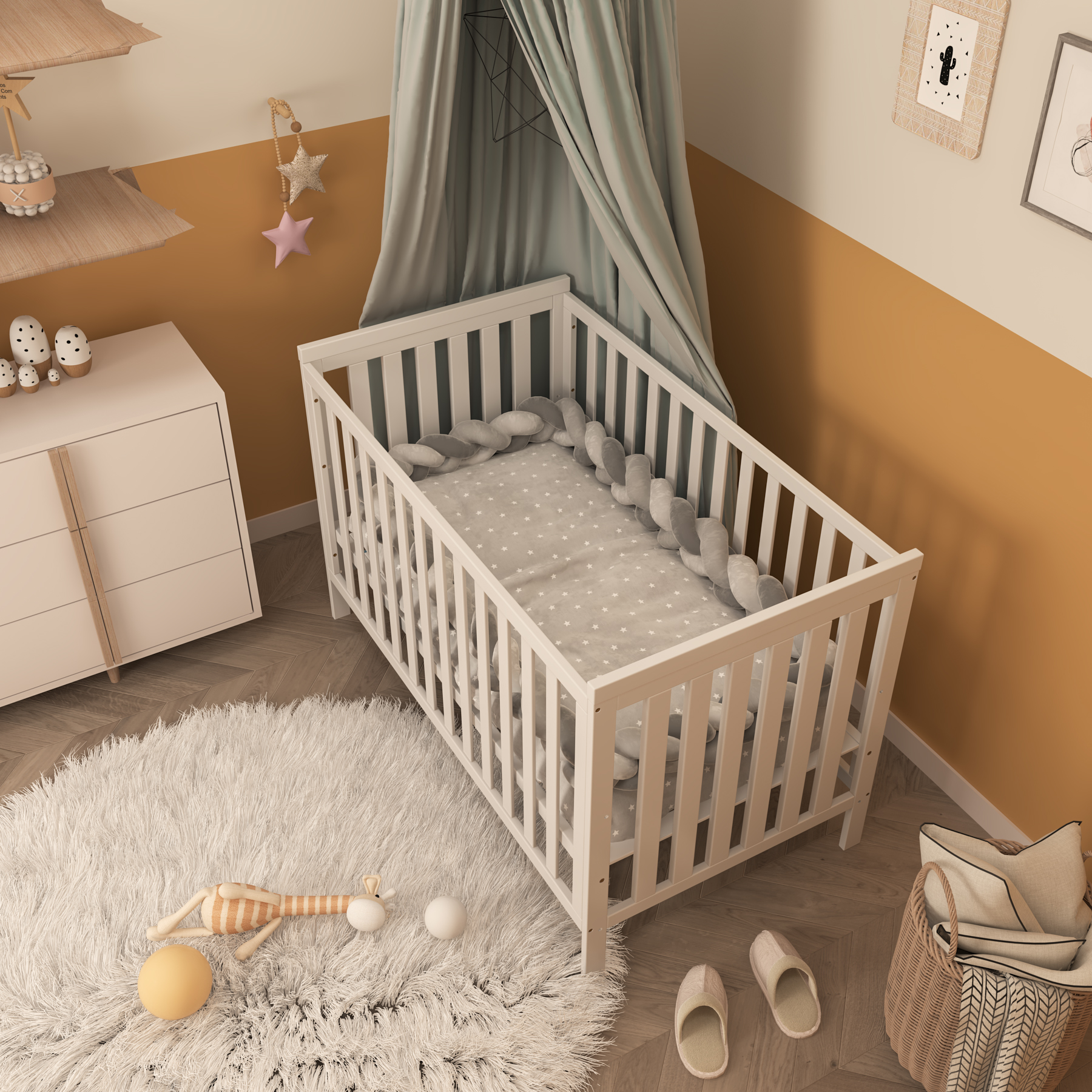 Classic White Convertible Baby Crib | Adjustable Height Wooden Nursery Bed