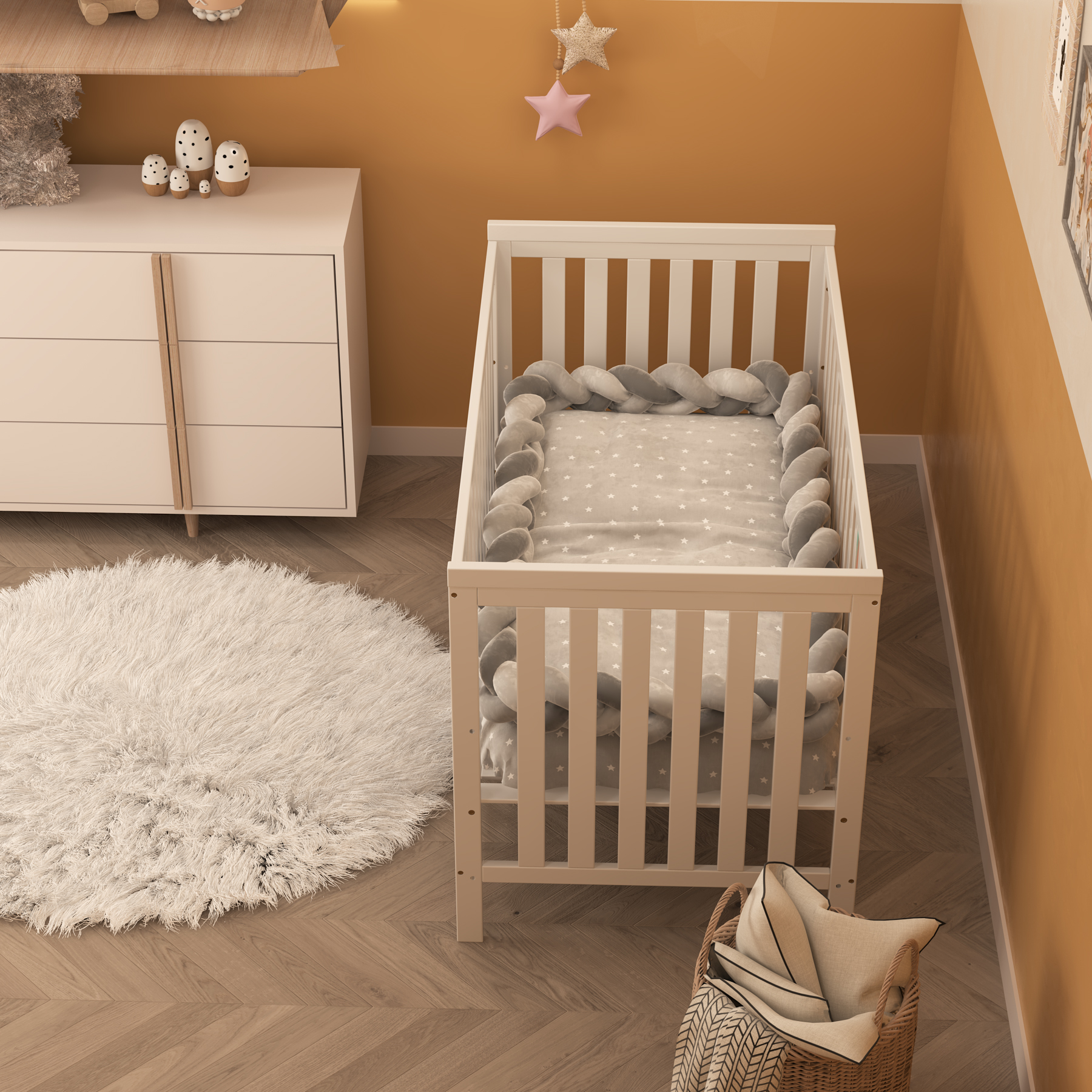 Classic White Convertible Baby Crib | Adjustable Height Wooden Nursery Bed