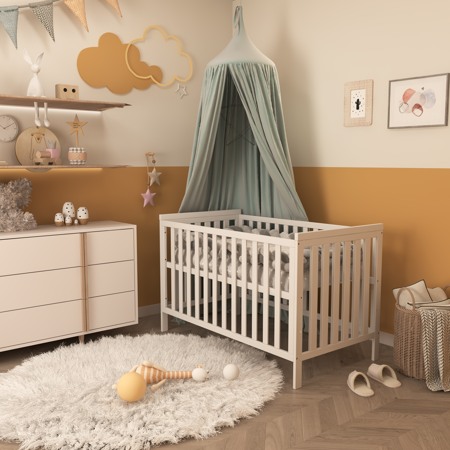 Classic White Convertible Baby Crib | Adjustable Height Wooden Nursery Bed