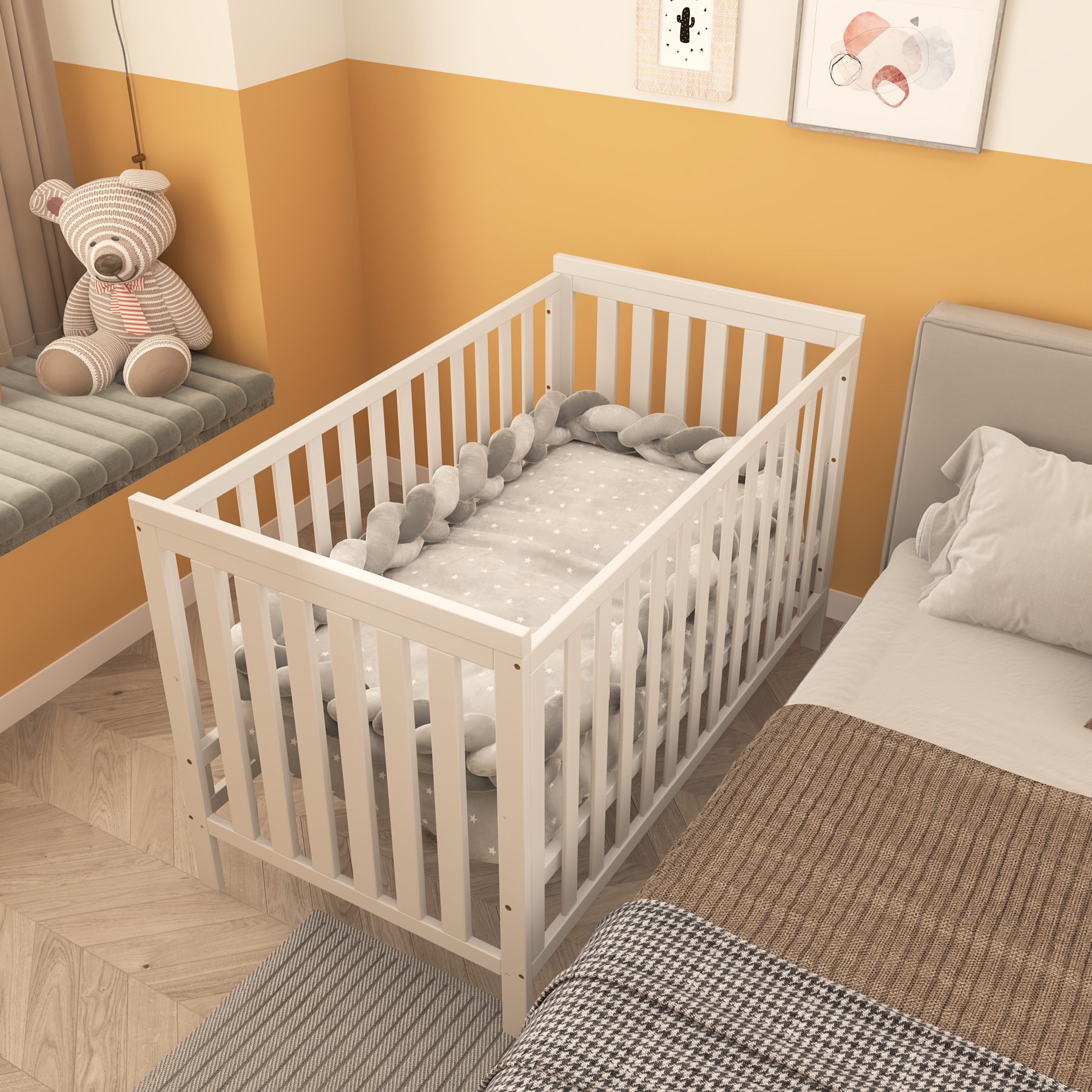 Classic White Convertible Baby Crib | Adjustable Height Wooden Nursery Bed