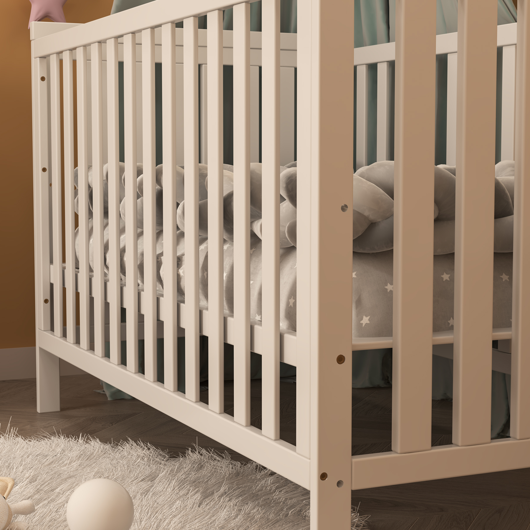 Classic White Convertible Baby Crib | Adjustable Height Wooden Nursery Bed