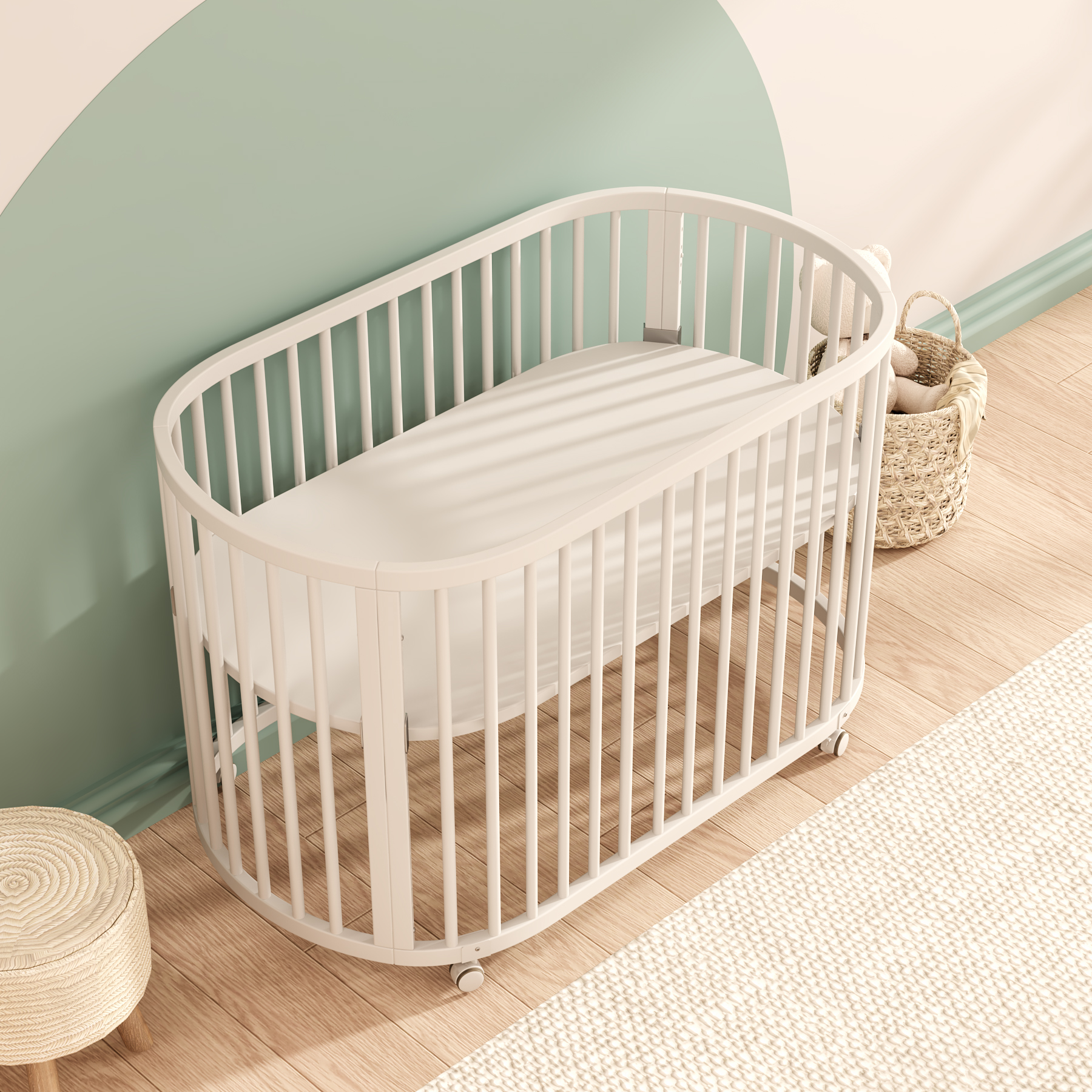 Oval Convertible Baby Crib | White Wooden Nursery Bed with Lockable Wheels