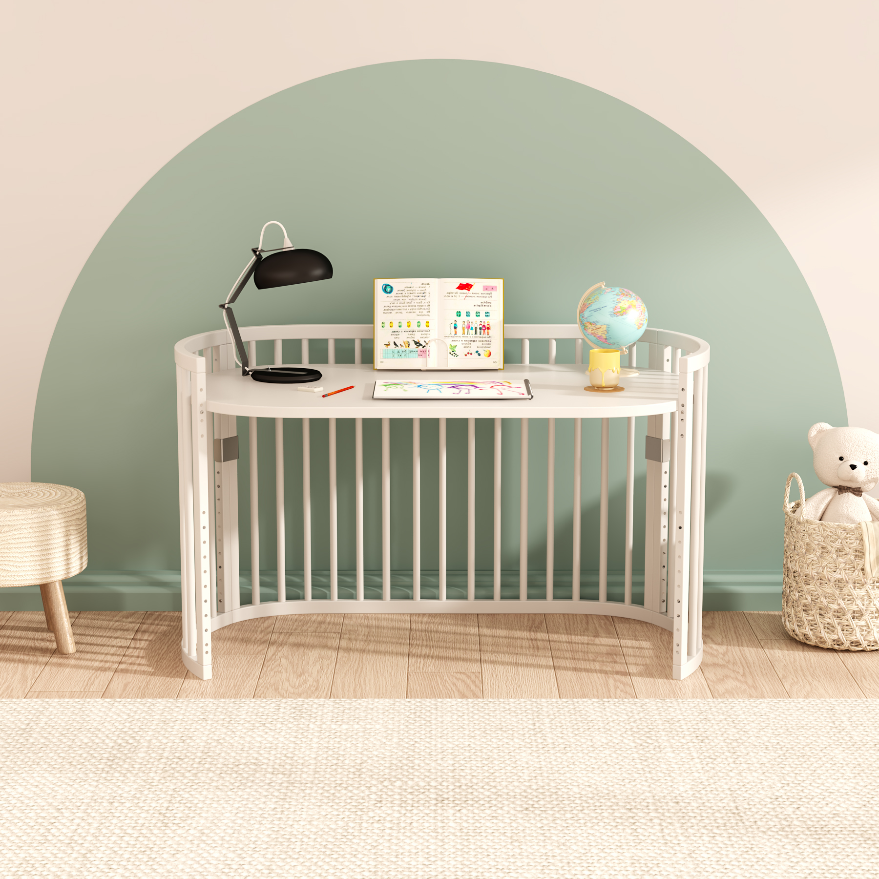 Oval Convertible Baby Crib | White Wooden Nursery Bed with Lockable Wheels