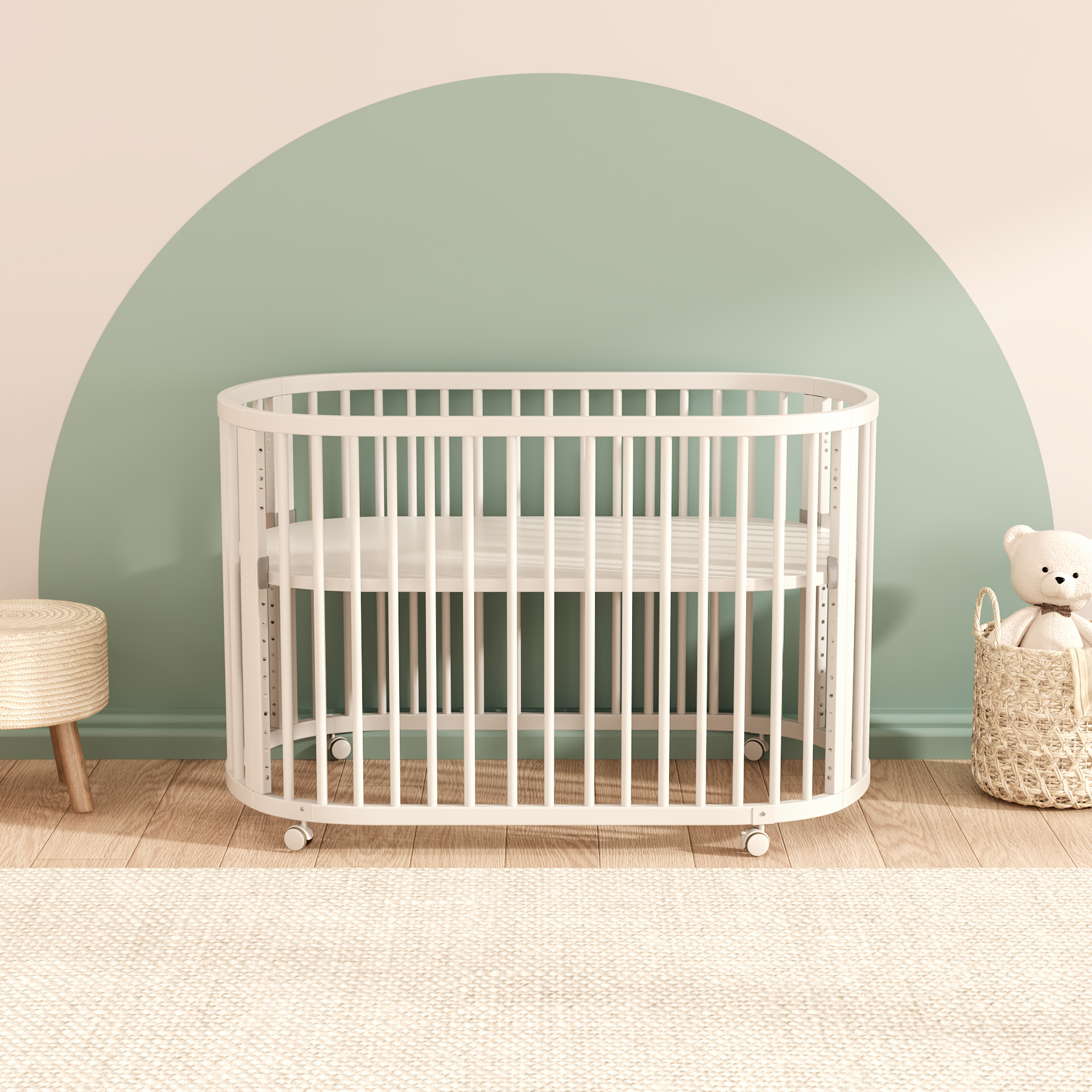 Oval Convertible Baby Crib | White Wooden Nursery Bed with Lockable Wheels