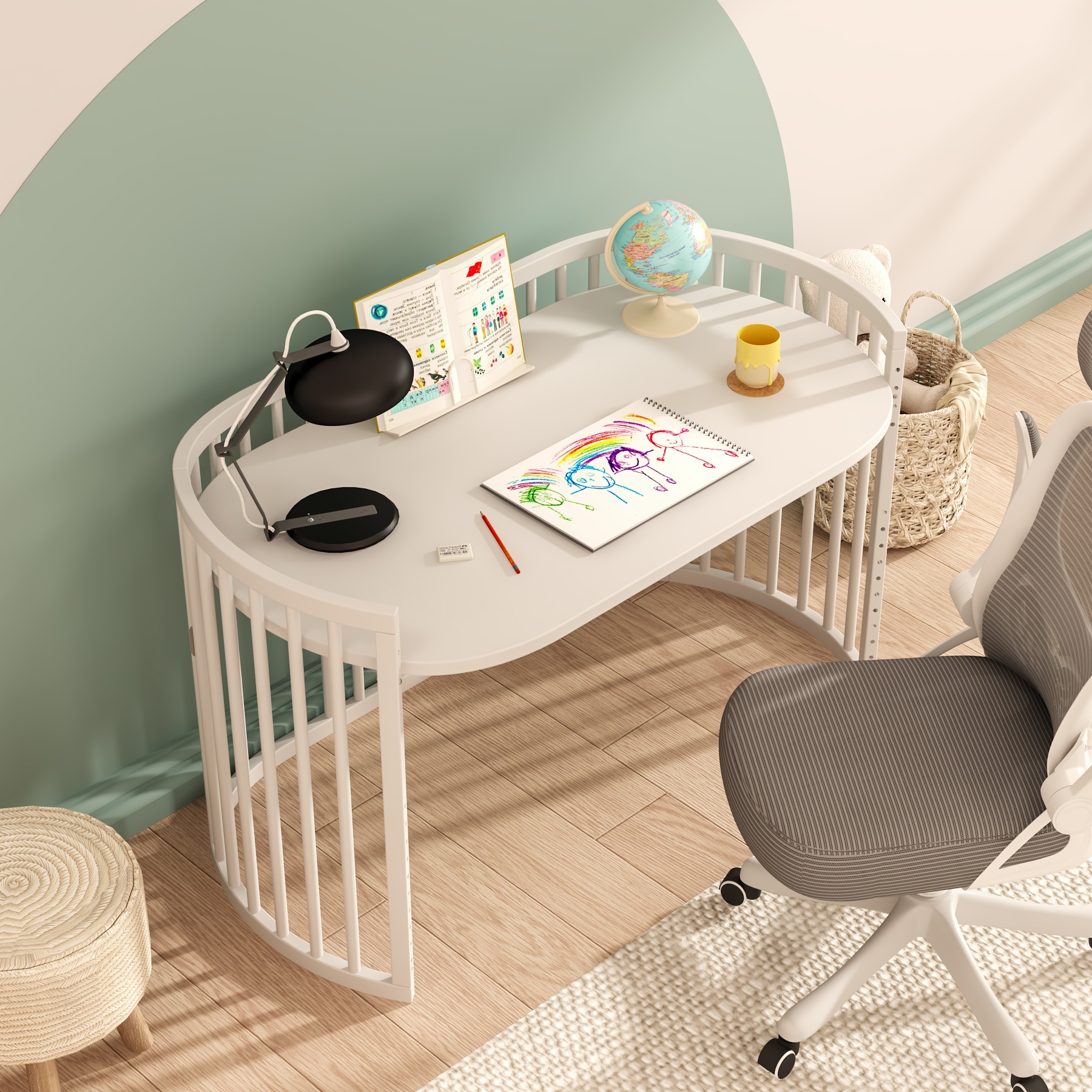 Oval Convertible Baby Crib | White Wooden Nursery Bed with Lockable Wheels