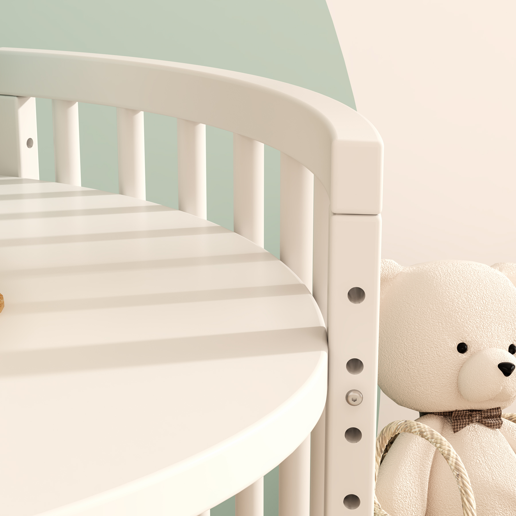 Oval Convertible Baby Crib | White Wooden Nursery Bed with Lockable Wheels