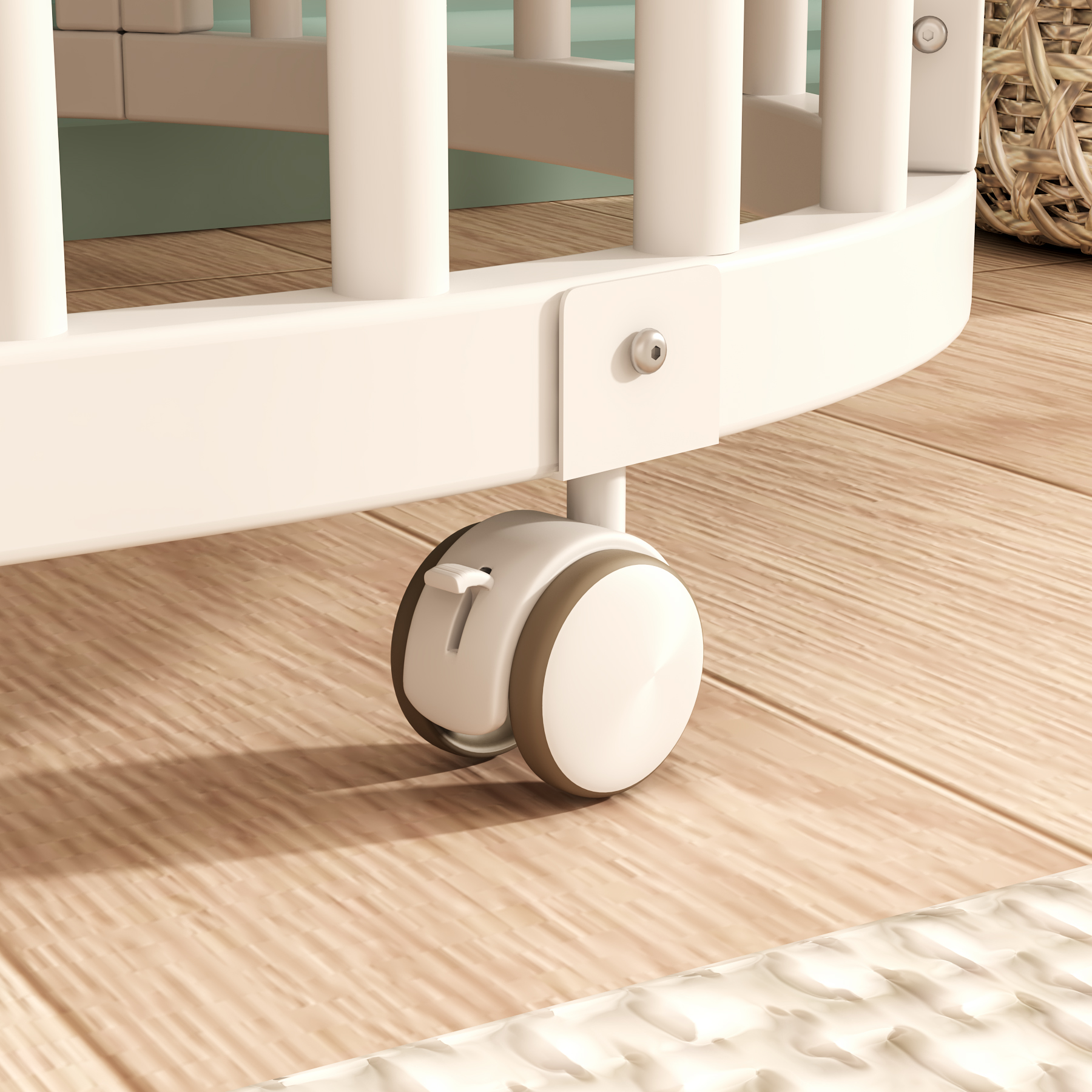 Oval Convertible Baby Crib | White Wooden Nursery Bed with Lockable Wheels