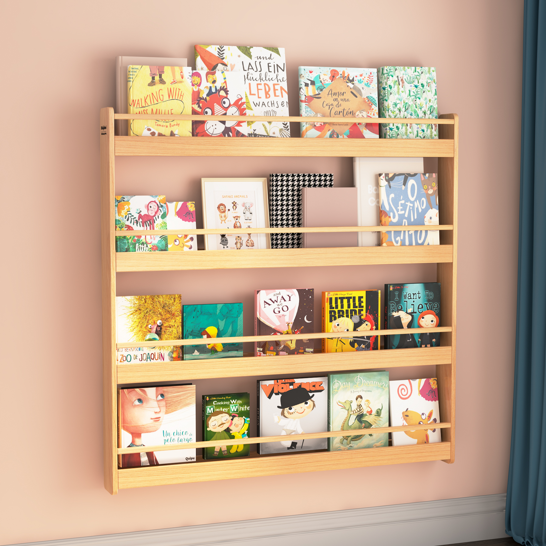 Wall-Mounted Kids Bookshelf | 4-Tier Front-Facing Book Rack