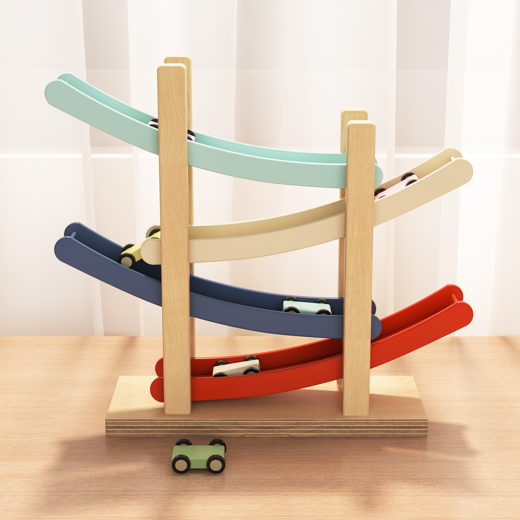 Wooden Car Ramp Toy | 4-Tier Race Track with 6 Mini Cars for Toddlers