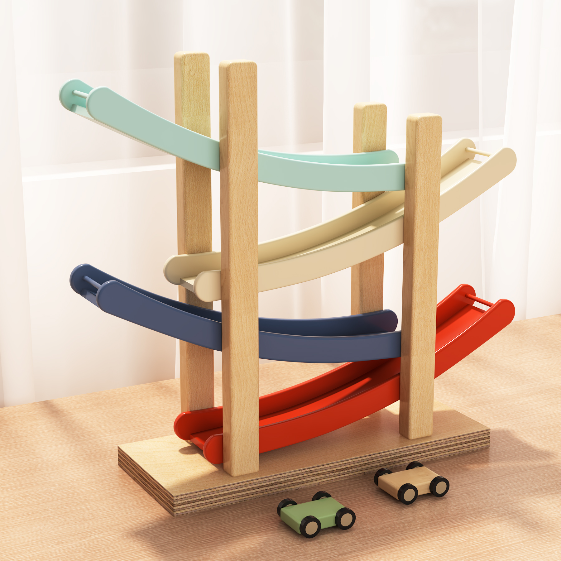 Wooden Car Ramp Toy | 4-Tier Race Track with 6 Mini Cars for Toddlers