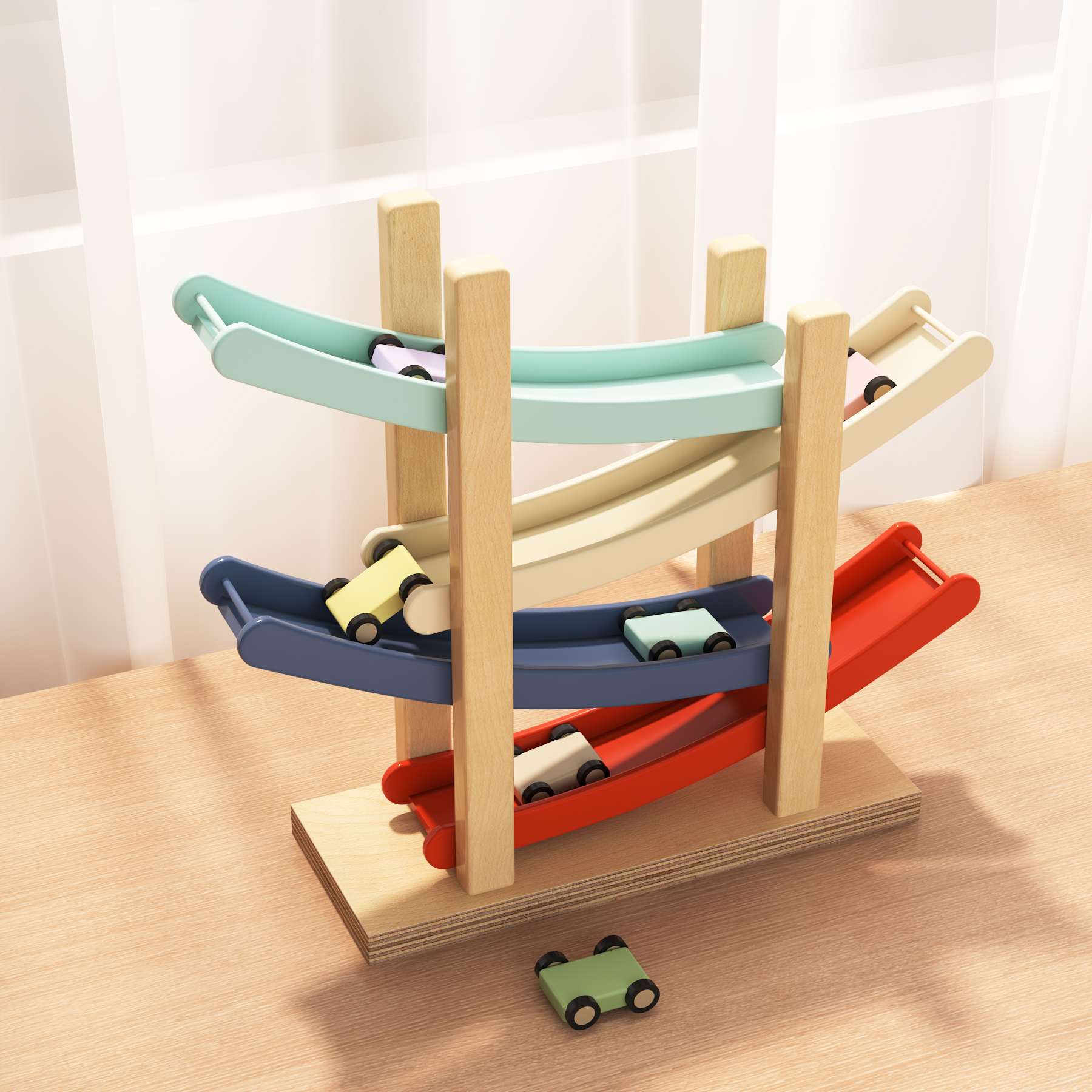 Wooden Car Ramp Toy | 4-Tier Race Track with 6 Mini Cars for Toddlers