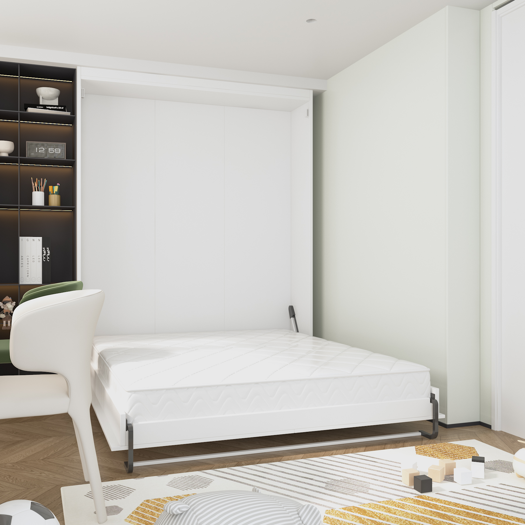White Murphy Bed with Side Shelves | Queen Size Space-Saving Wall Bed