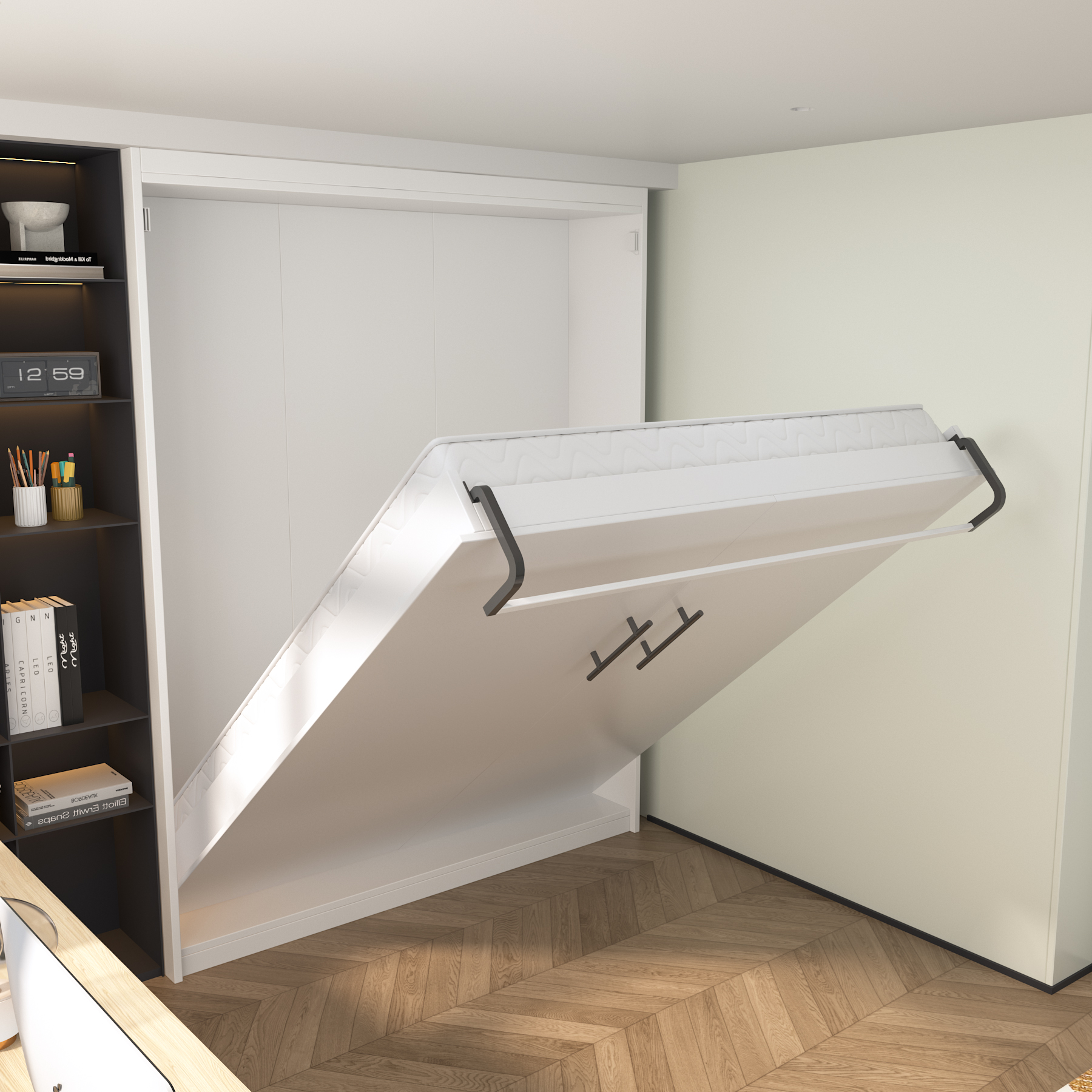 White Murphy Bed with Side Shelves | Queen Size Space-Saving Wall Bed