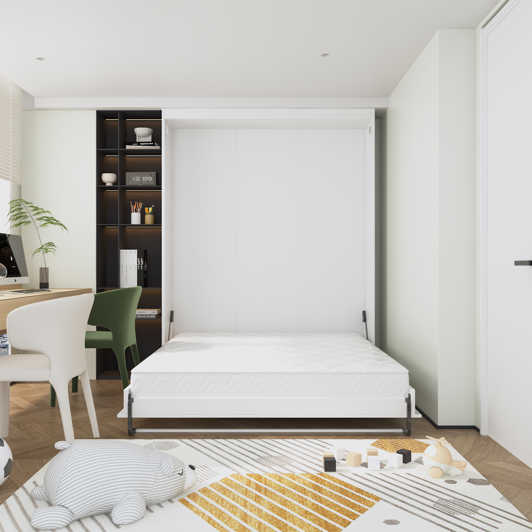 White Murphy Bed with Side Shelves | Queen Size Space-Saving Wall Bed