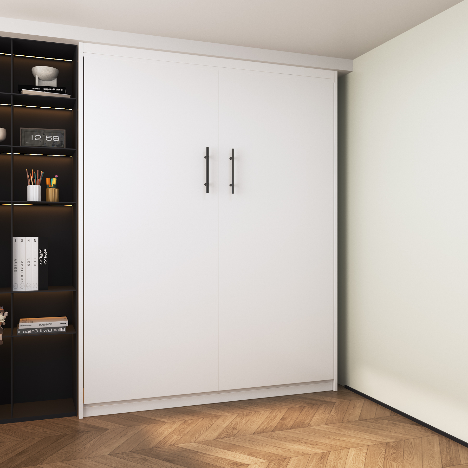 White Murphy Bed with Side Shelves | Queen Size Space-Saving Wall Bed