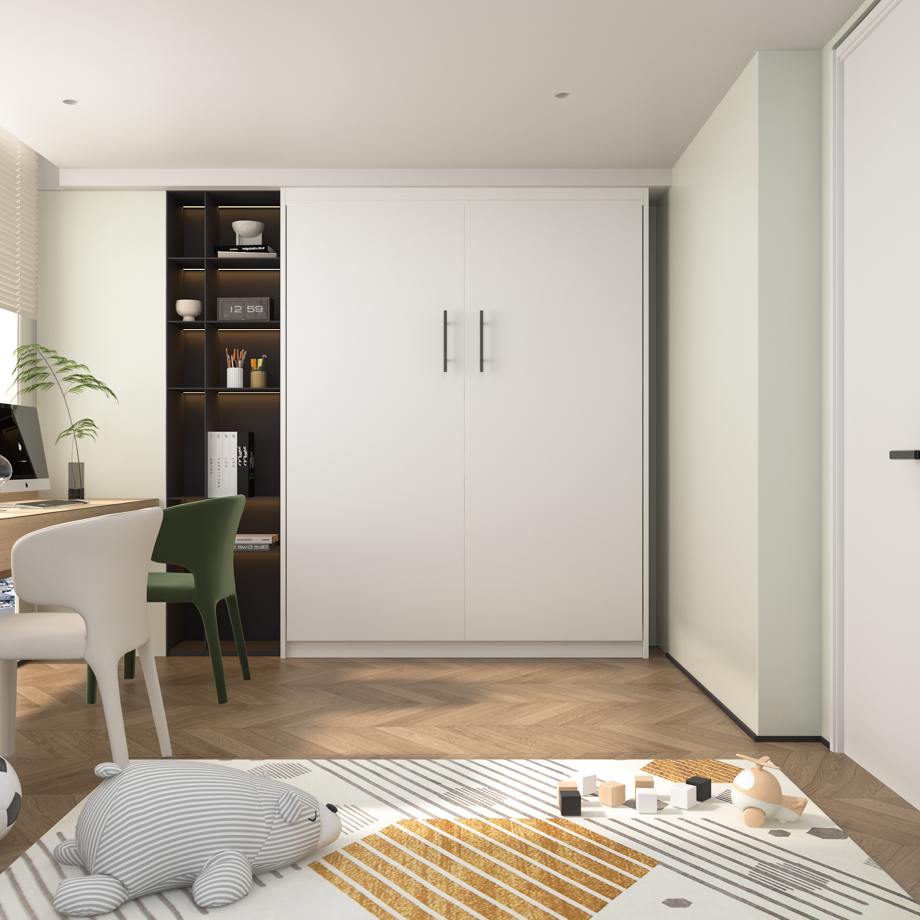 White Murphy Bed with Side Shelves | Queen Size Space-Saving Wall Bed