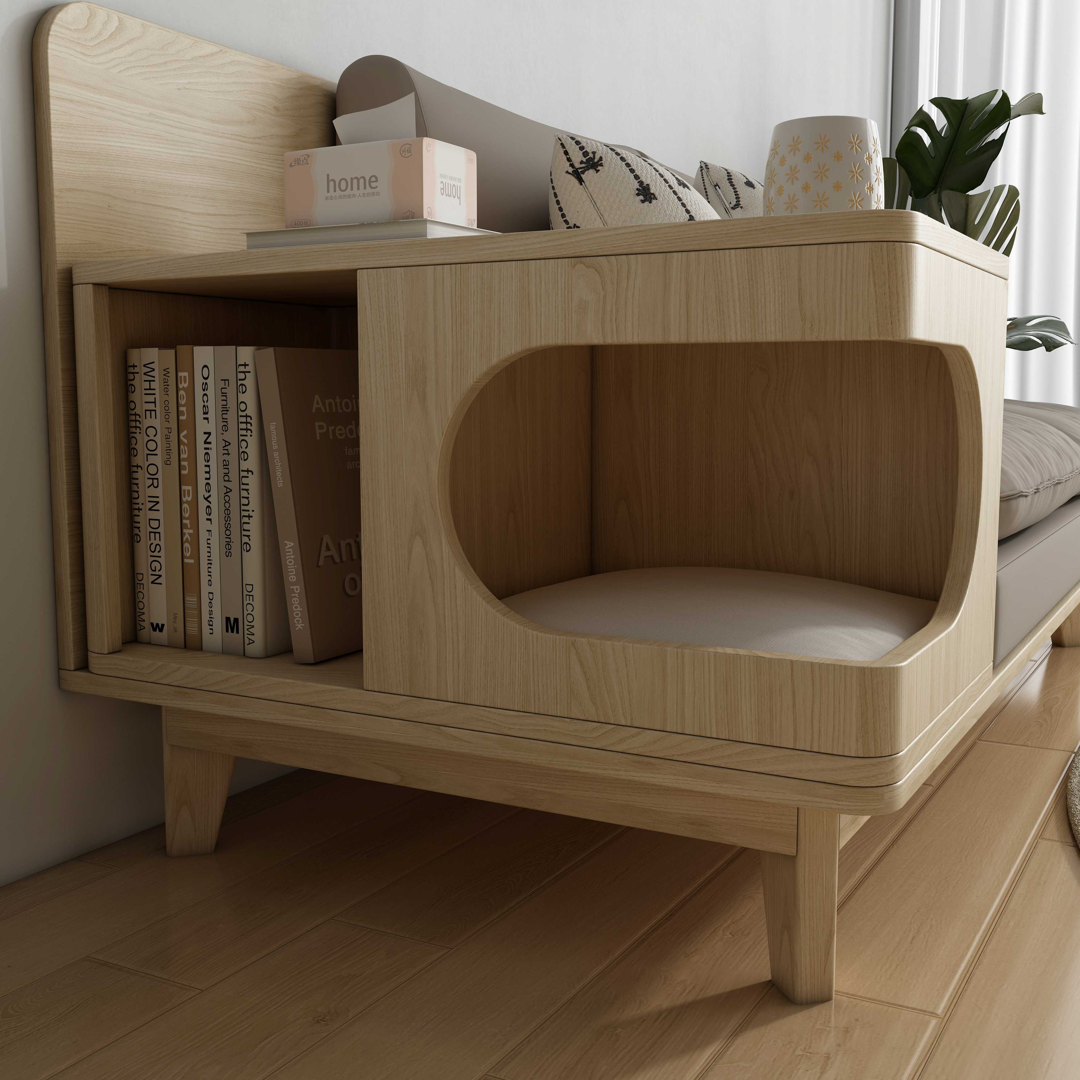 Wooden Cat Sofa with Side Table | 2-Seater Cat Couch with Hidden Cat Nook