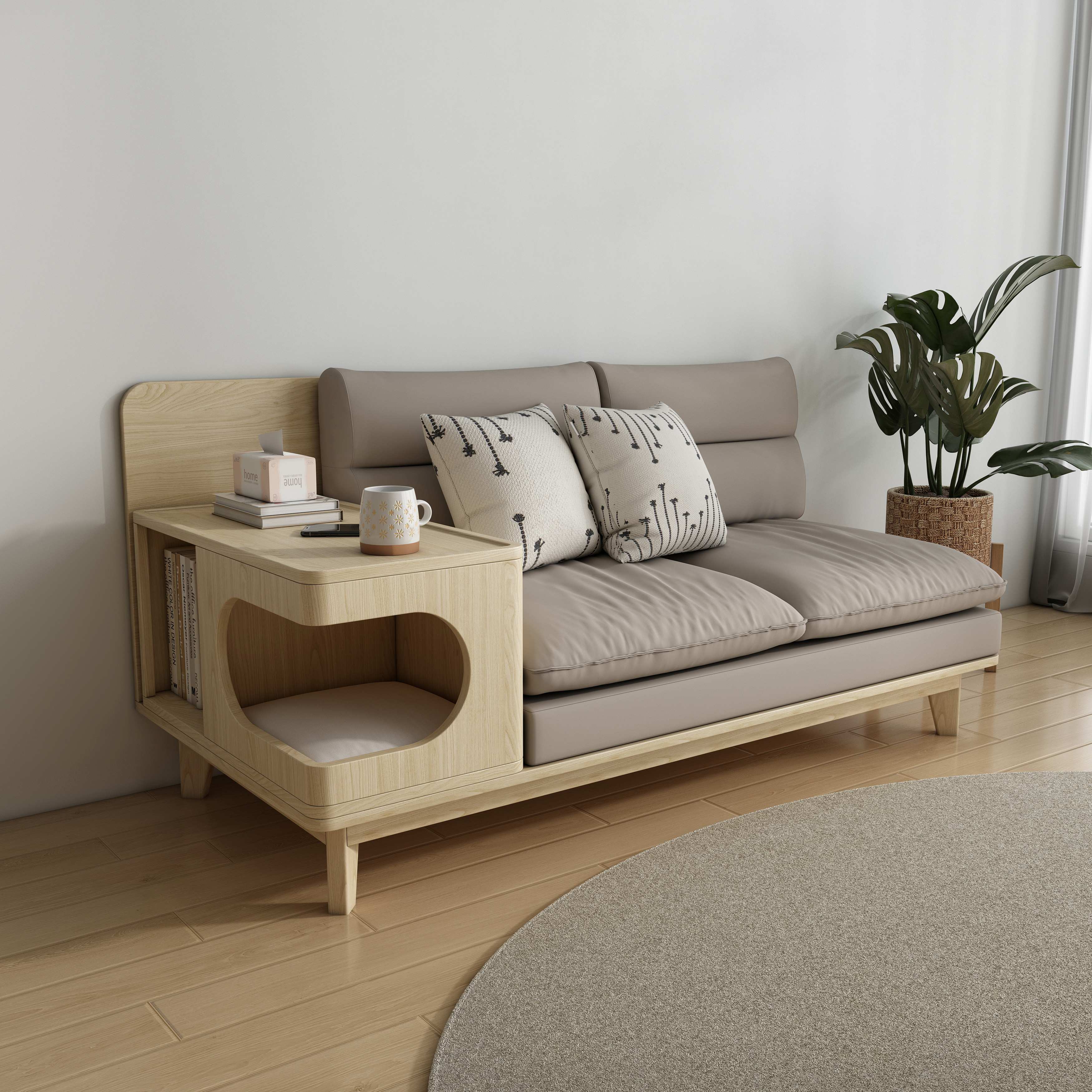 Wooden Cat Sofa with Side Table | 2-Seater Cat Couch with Hidden Cat Nook