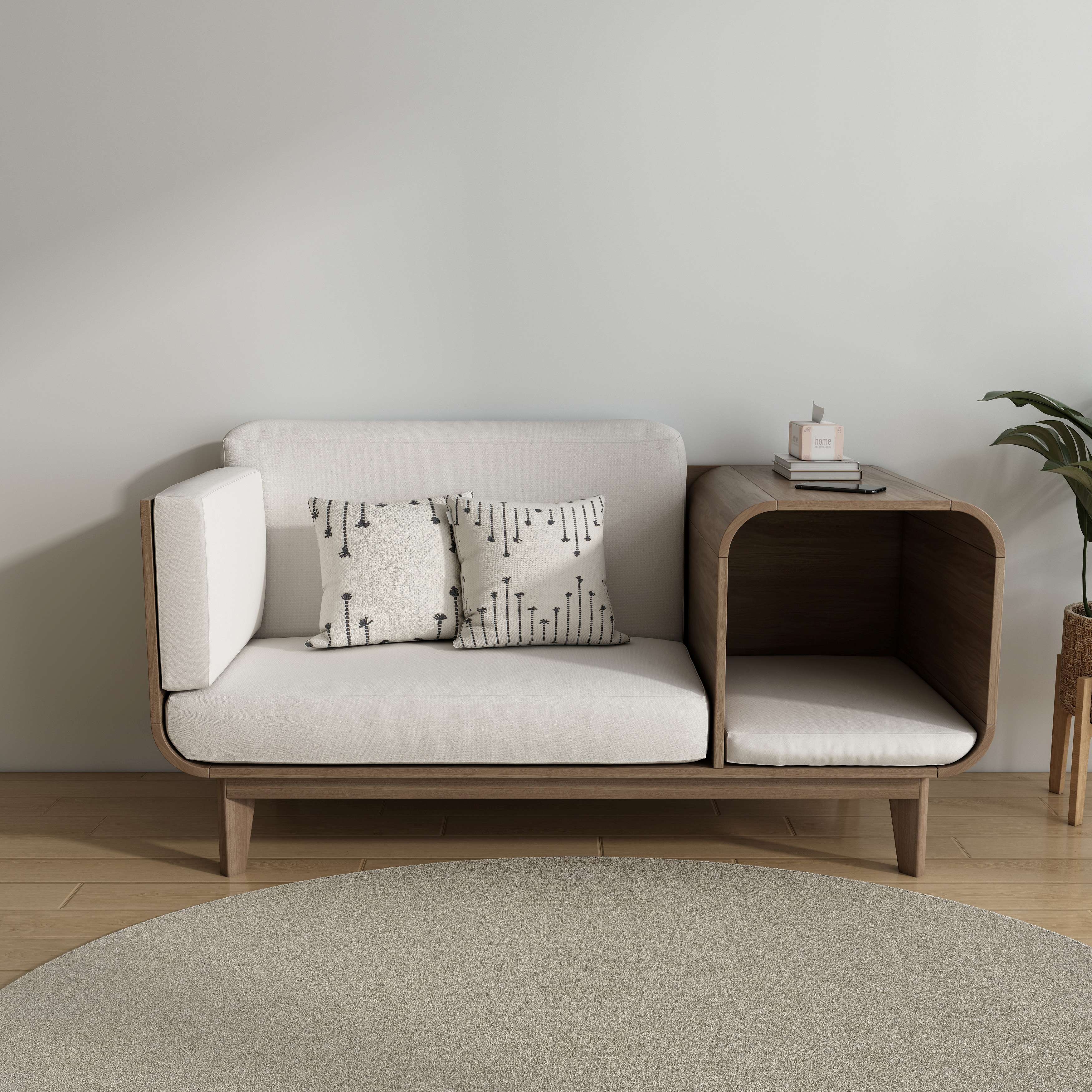 Wooden Pet Sofa with Side Table | 2-in-1 Couch with Hidden Cat Bed & Cushion