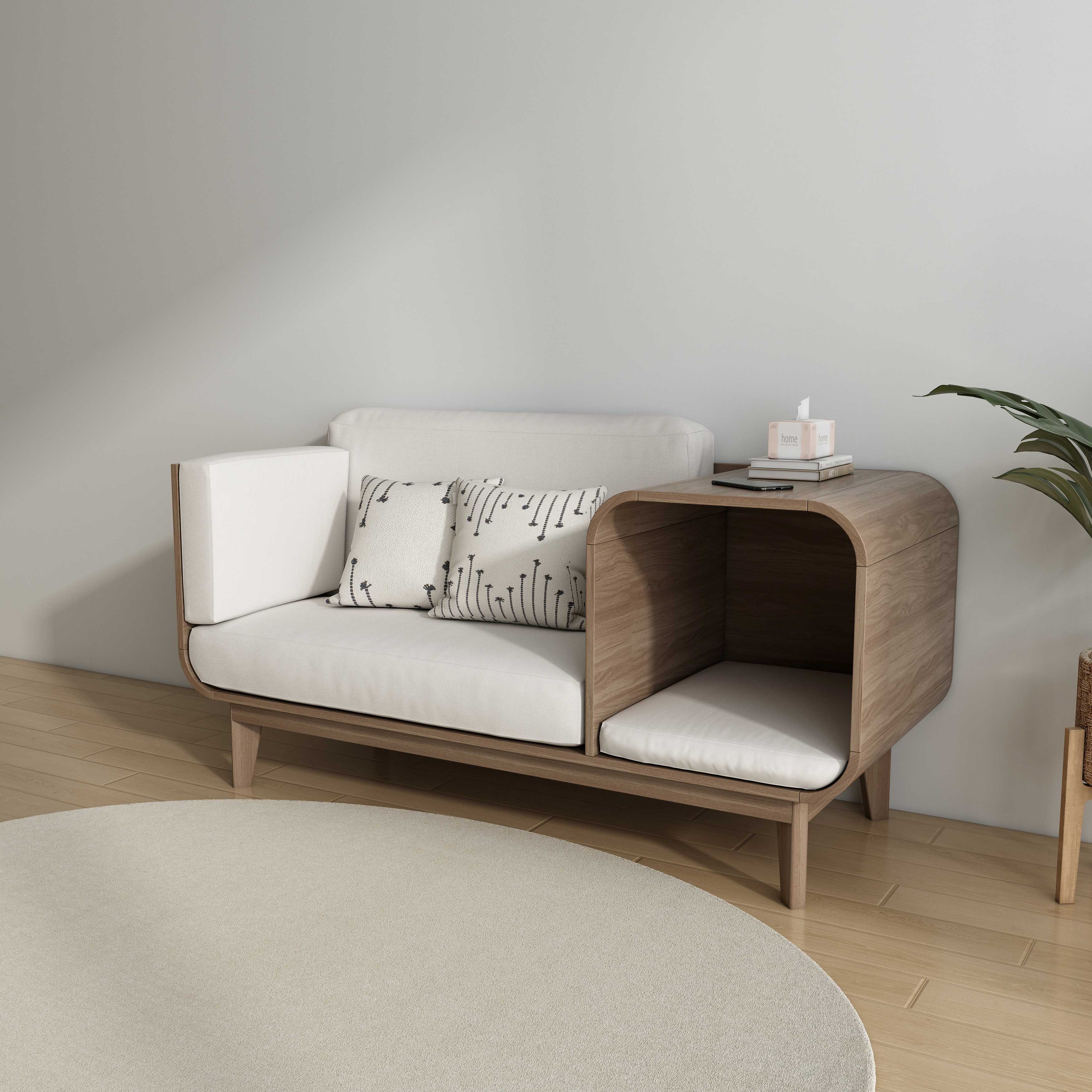 Wooden Pet Sofa with Side Table | 2-in-1 Couch with Hidden Cat Bed & Cushion