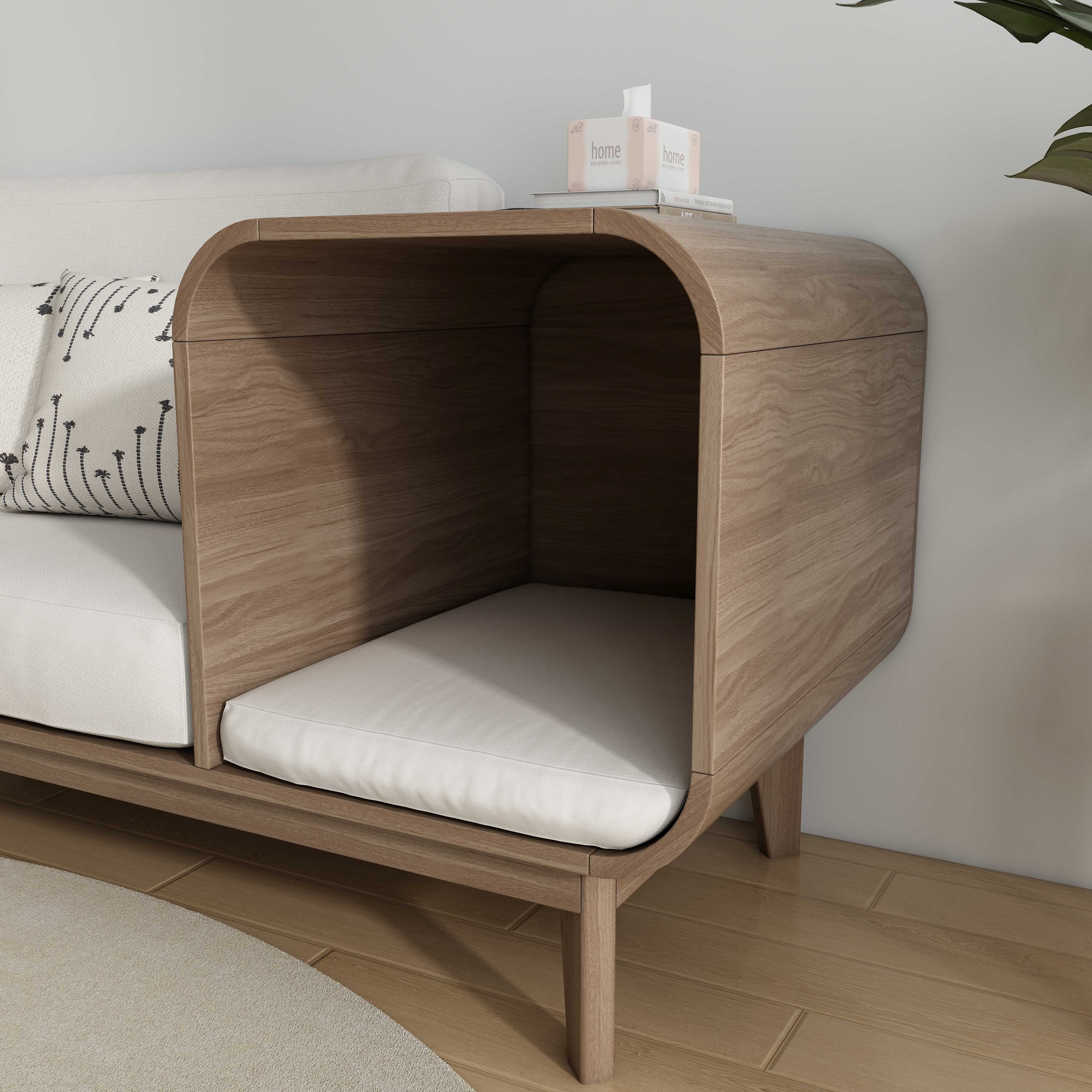 Wooden Pet Sofa with Side Table | 2-in-1 Couch with Hidden Cat Bed & Cushion