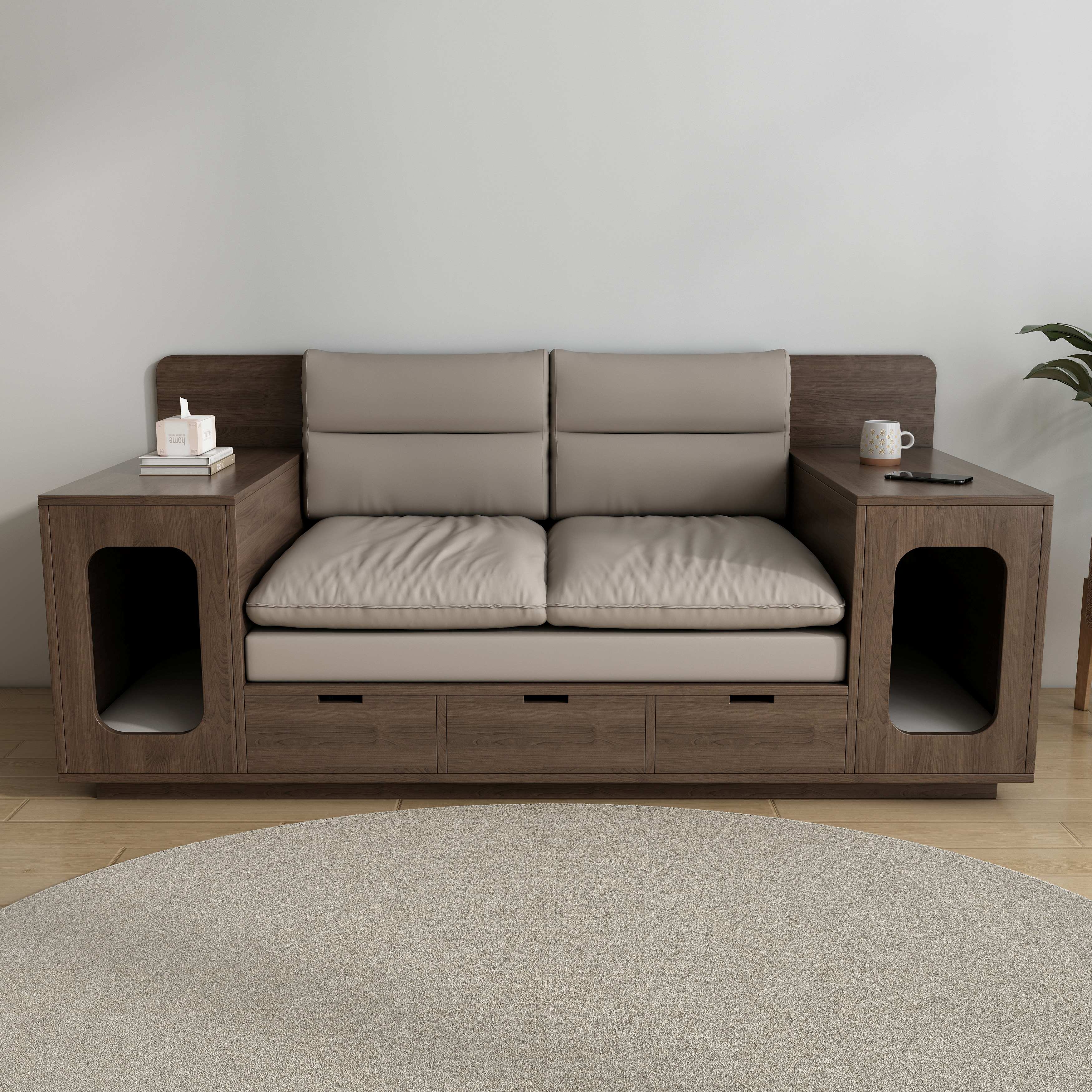 Wooden Cat Sofa with Storage | 2-Seater Cat Couch with Dual Cat Nooks & Drawers