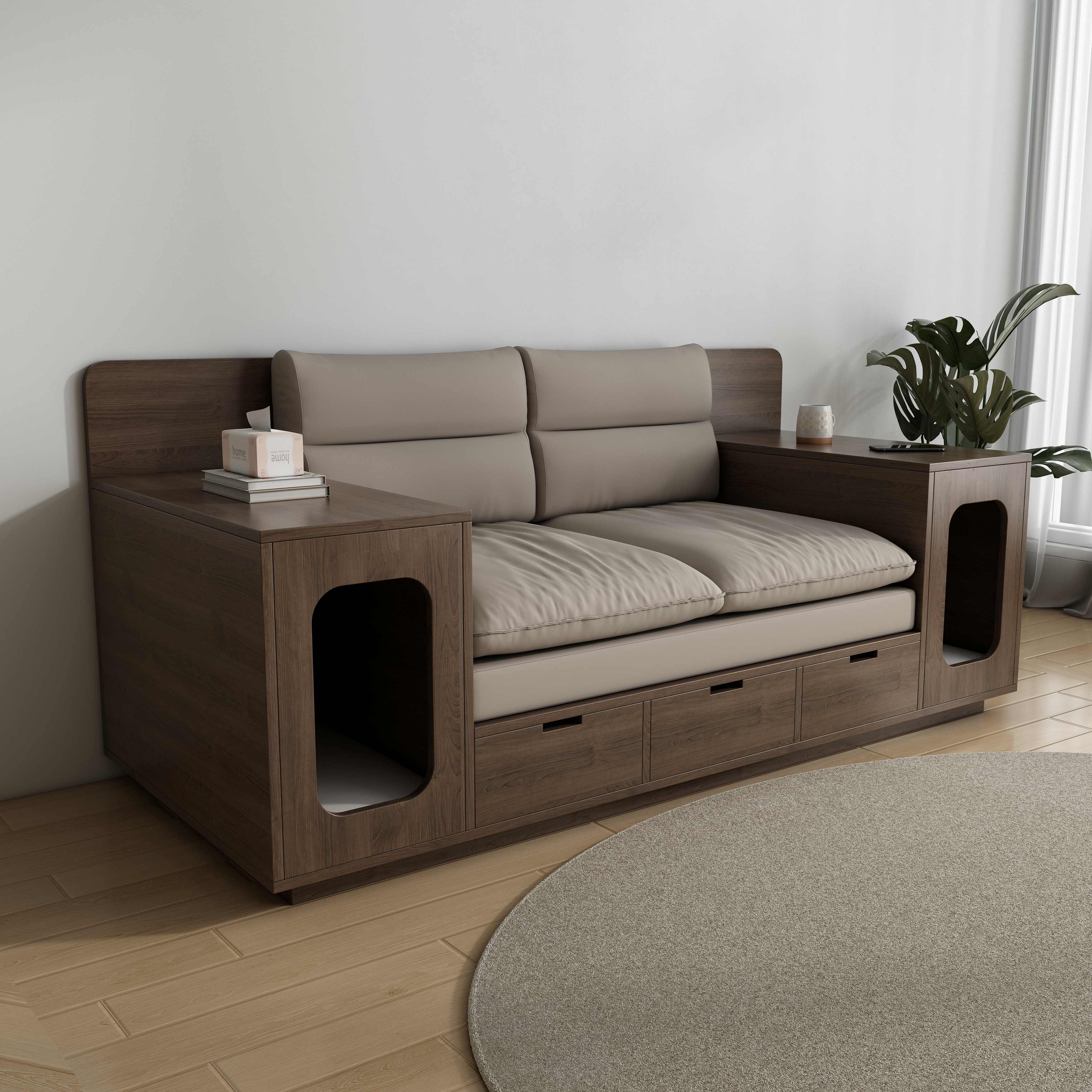 Wooden Cat Sofa with Storage | 2-Seater Cat Couch with Dual Cat Nooks & Drawers